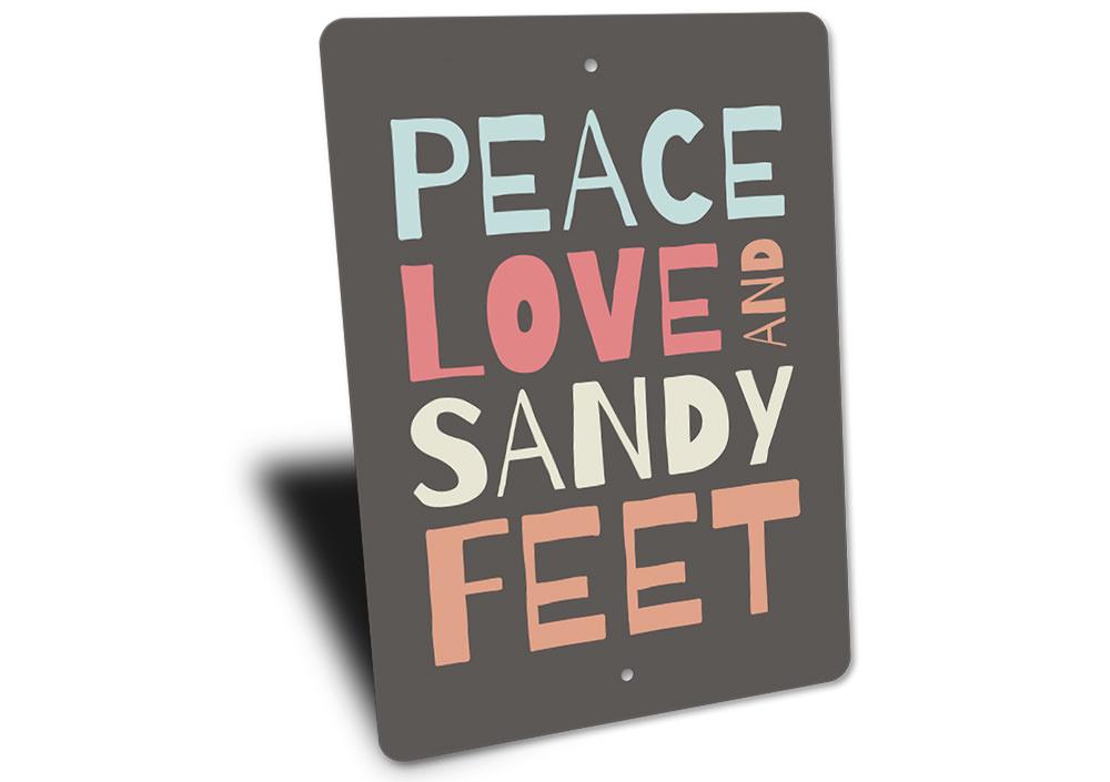 Sandy Feet Sign made of high-quality aluminum, featuring a beach-themed design, perfect for coastal decor.