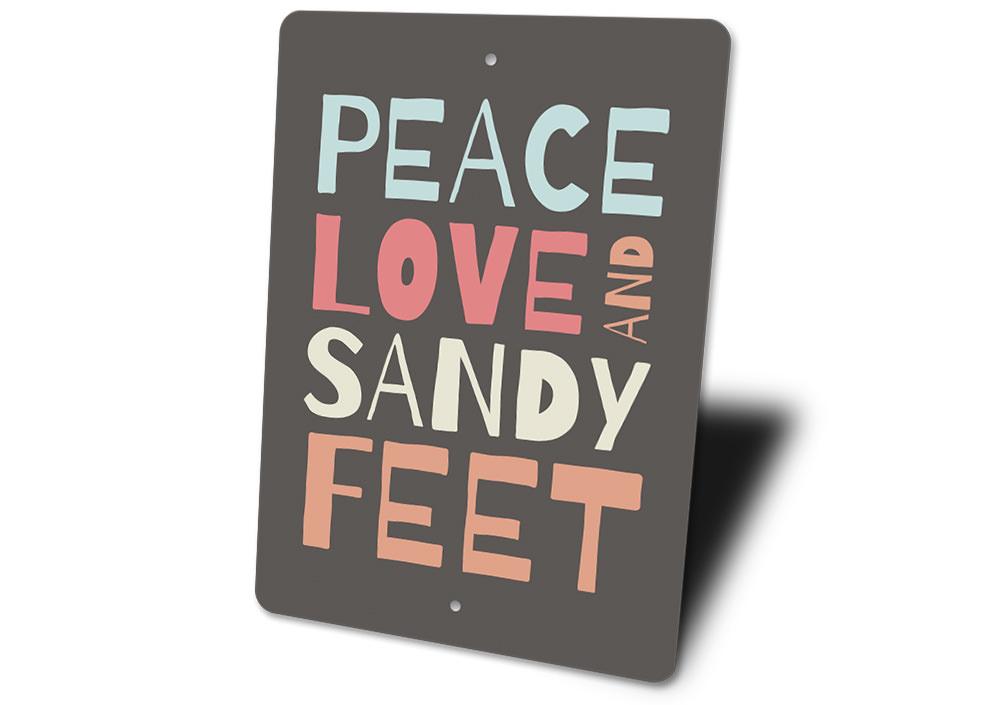 Sandy Feet Sign made of high-quality aluminum, featuring a beach-themed design, perfect for coastal decor.