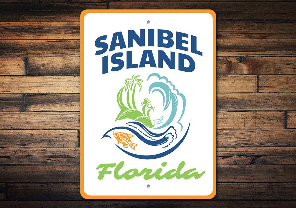 Sanibel Island Sign made of high-quality aluminum, featuring coastal-themed design, perfect for beach houses and outdoor decor.