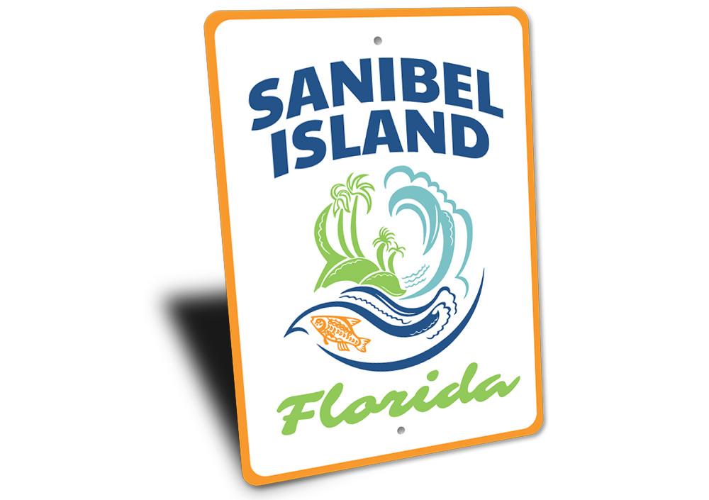 Sanibel Island Sign made of high-quality aluminum, featuring coastal-themed design, perfect for beach houses and outdoor decor.