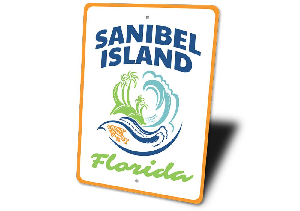 Sanibel Island Sign made of high-quality aluminum, featuring coastal-themed design, perfect for beach houses and outdoor decor.