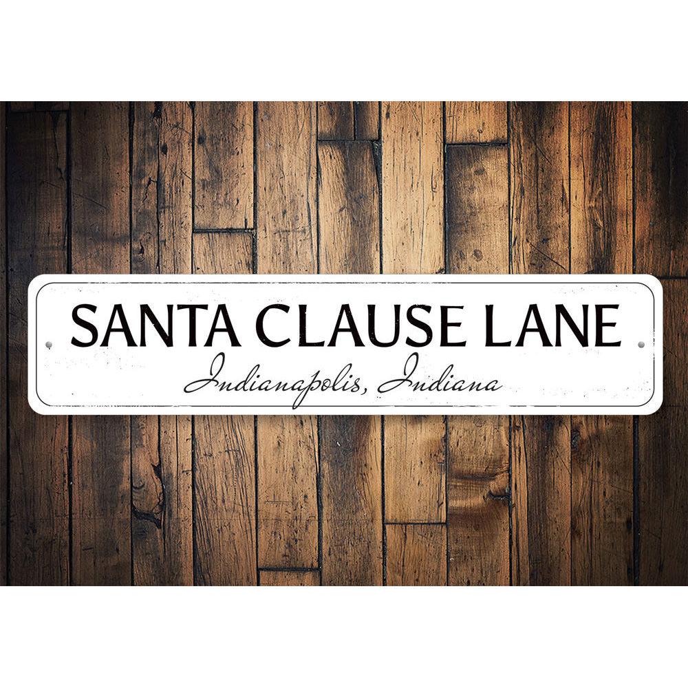 Santa Clause Lane Sign featuring festive design, made from high-quality aluminum, perfect for holiday decorations.