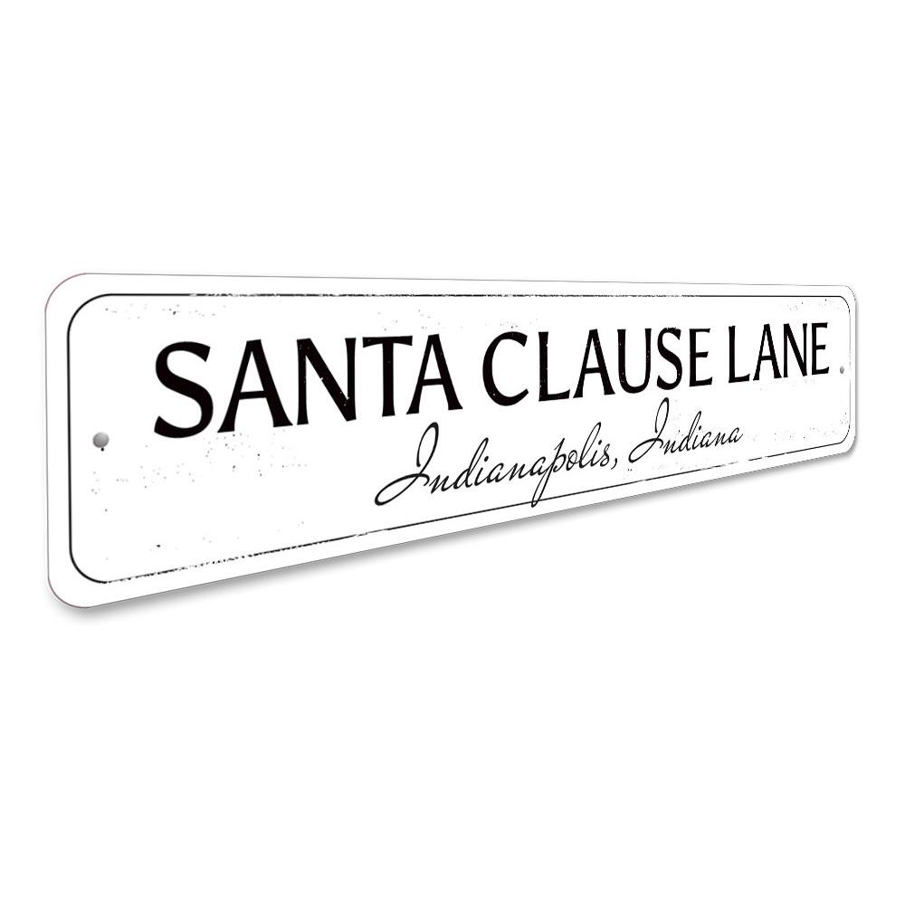 Santa Clause Lane Sign featuring festive design, made from high-quality aluminum, perfect for holiday decorations.