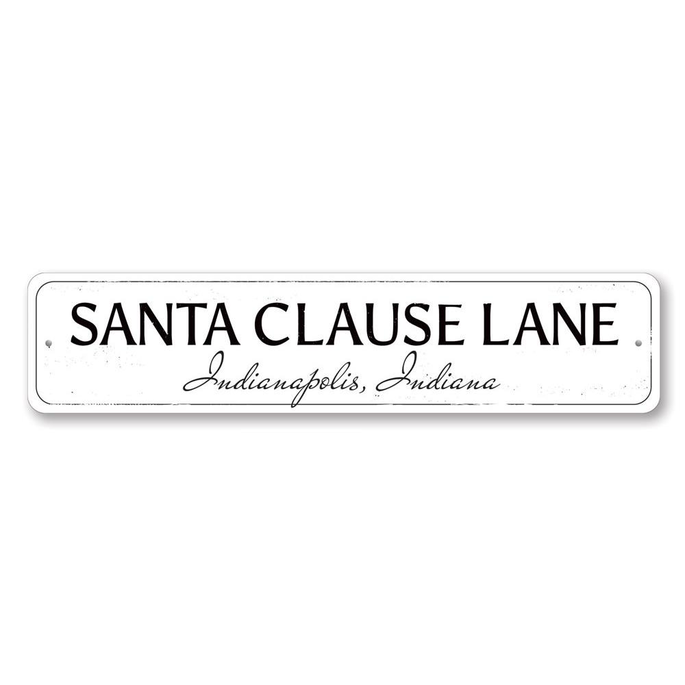 Santa Clause Lane Sign featuring festive design, made from high-quality aluminum, perfect for holiday decorations.