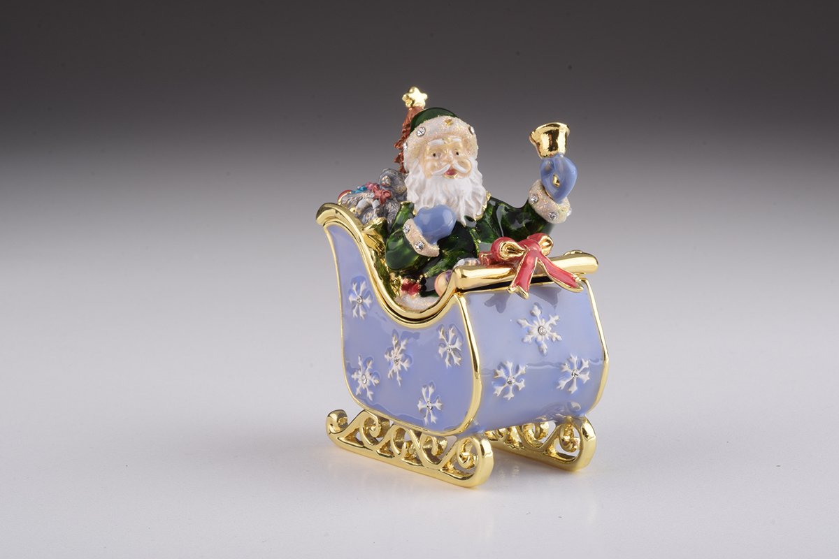 Handmade Santa in Carriage trinket box with enamel finish and Austrian crystals, plated in 24K gold or 925 silver.