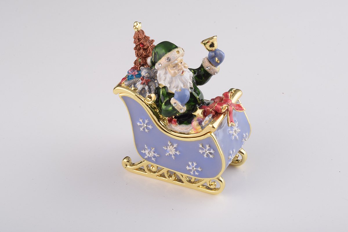 Handmade Santa in Carriage trinket box with enamel finish and Austrian crystals, plated in 24K gold or 925 silver.
