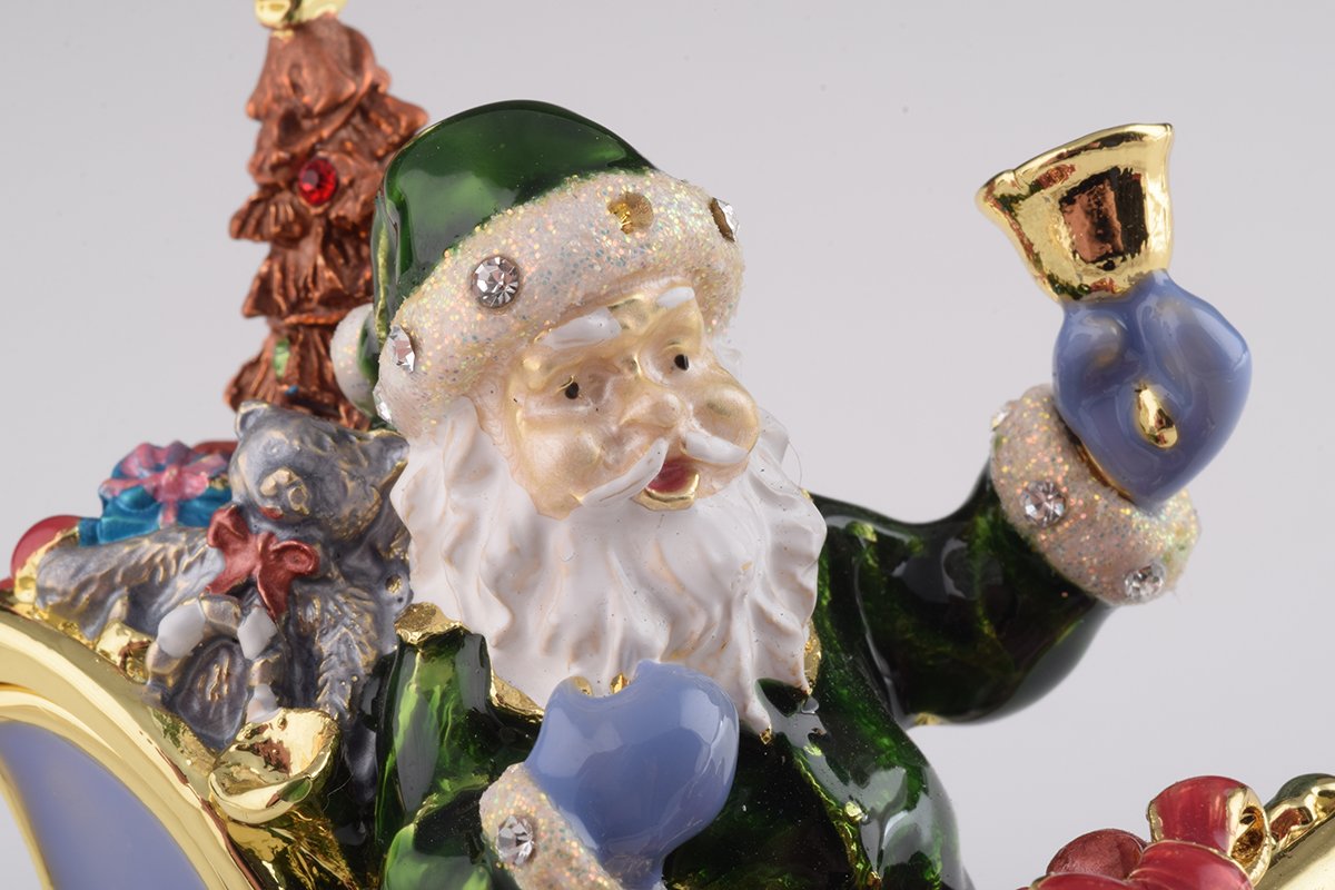 Handmade Santa in Carriage trinket box with enamel finish and Austrian crystals, plated in 24K gold or 925 silver.