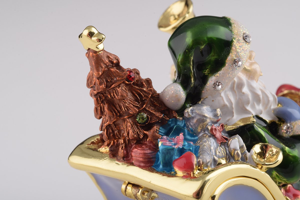 Handmade Santa in Carriage trinket box with enamel finish and Austrian crystals, plated in 24K gold or 925 silver.