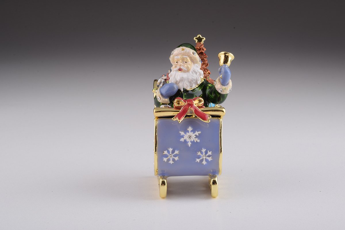 Handmade Santa in Carriage trinket box with enamel finish and Austrian crystals, plated in 24K gold or 925 silver.
