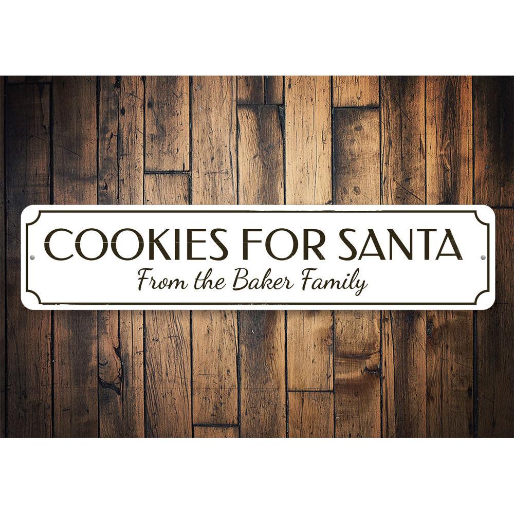 A festive Santa's Cookies Sign featuring vibrant colors and holiday-themed design, perfect for Christmas decorations.