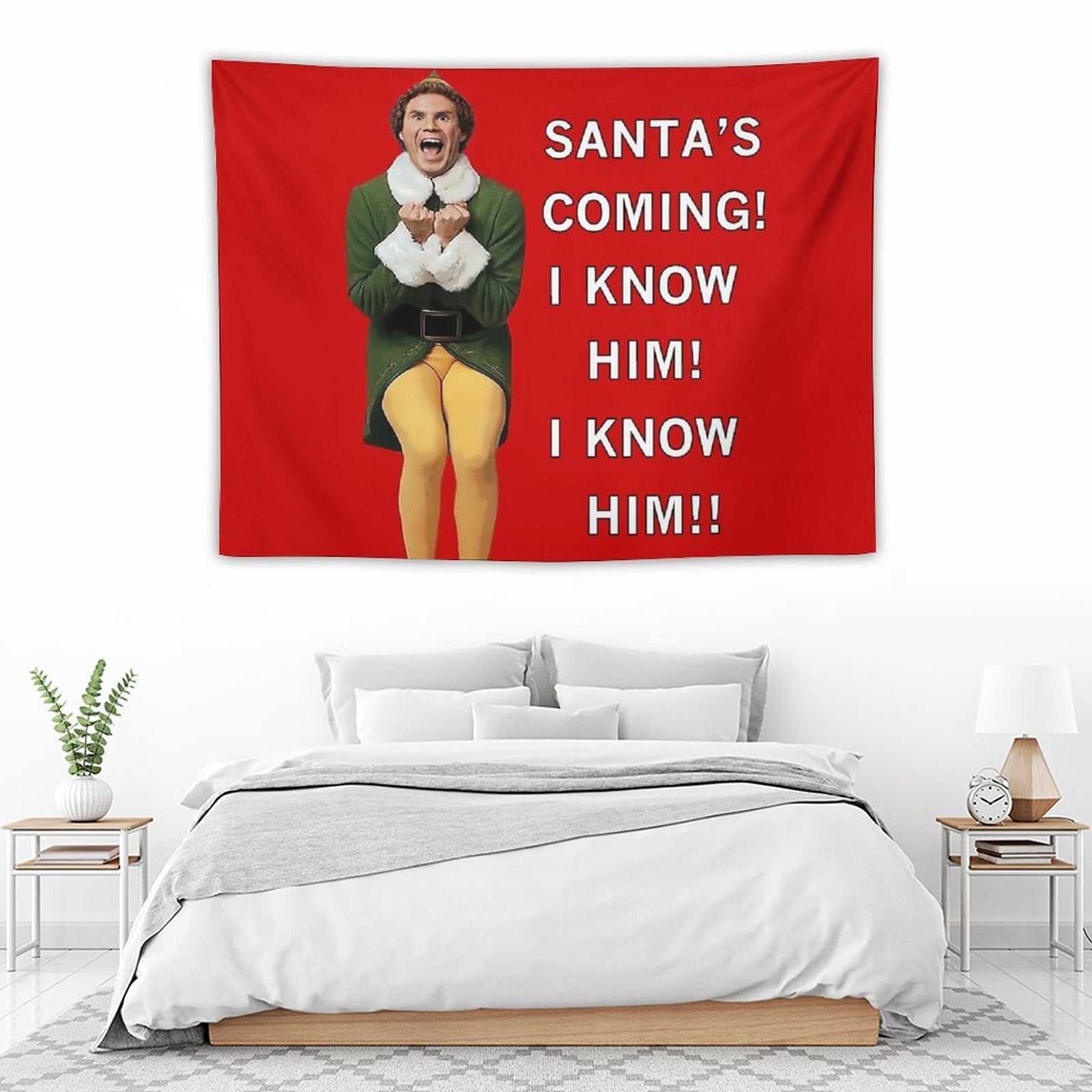 Santa's Coming! I Know Him! Tapestry featuring vibrant colors and festive design, perfect for holiday decor.