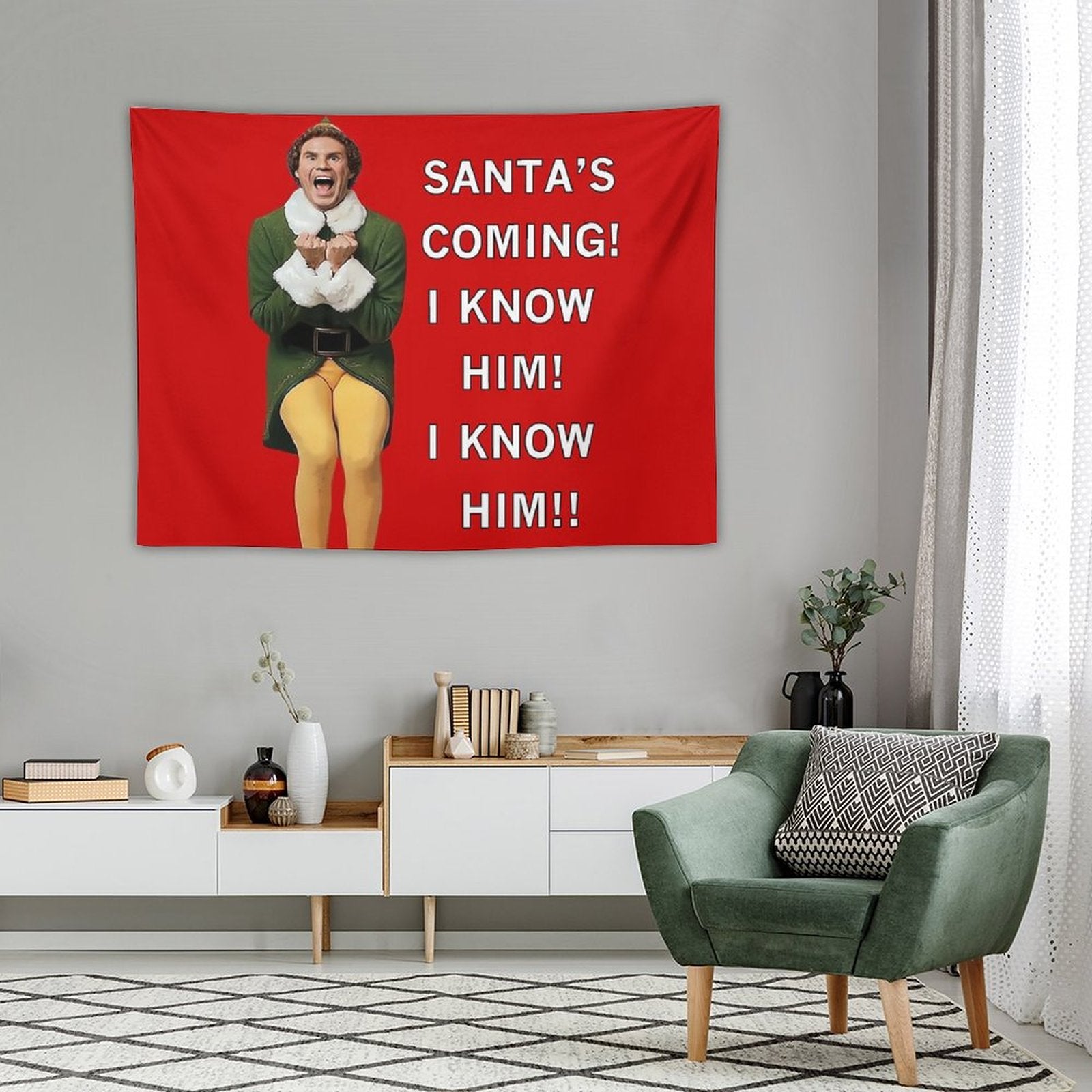Santa's Coming! I Know Him! Tapestry featuring vibrant colors and festive design, perfect for holiday decor.
