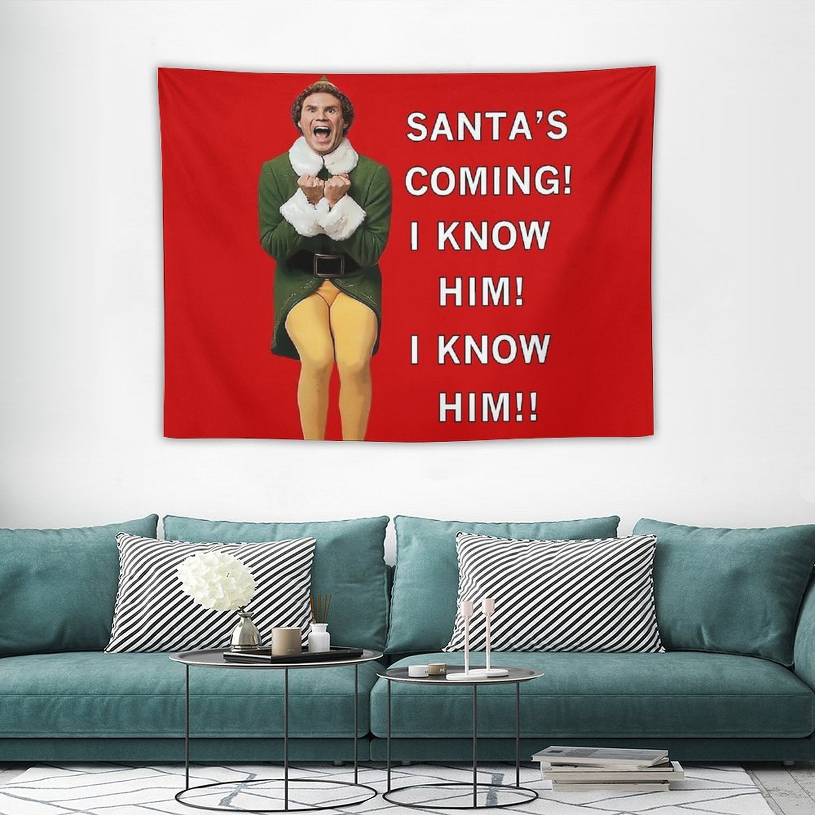 Santa's Coming! I Know Him! Tapestry featuring vibrant colors and festive design, perfect for holiday decor.