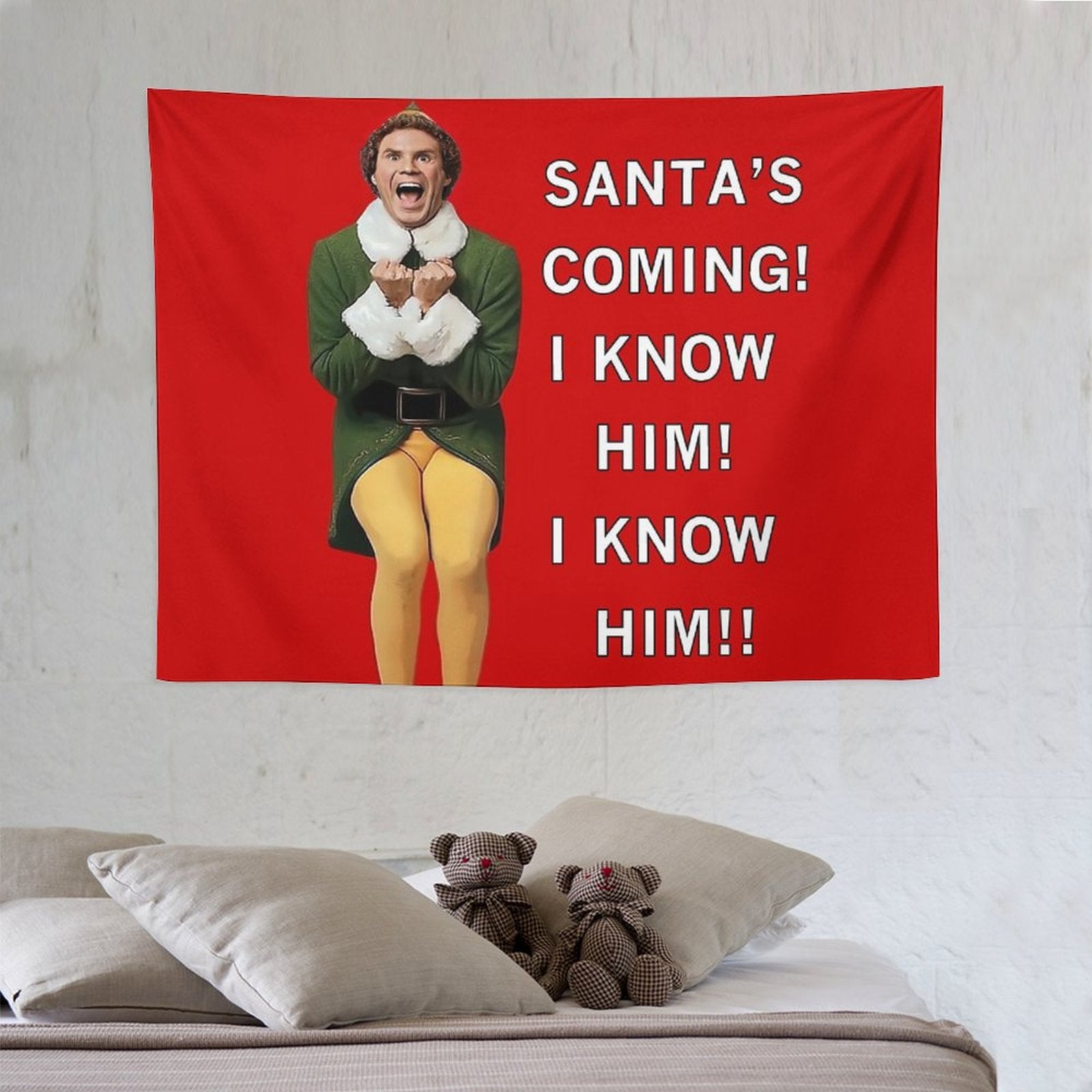 Santa's Coming! I Know Him! Tapestry featuring vibrant colors and festive design, perfect for holiday decor.