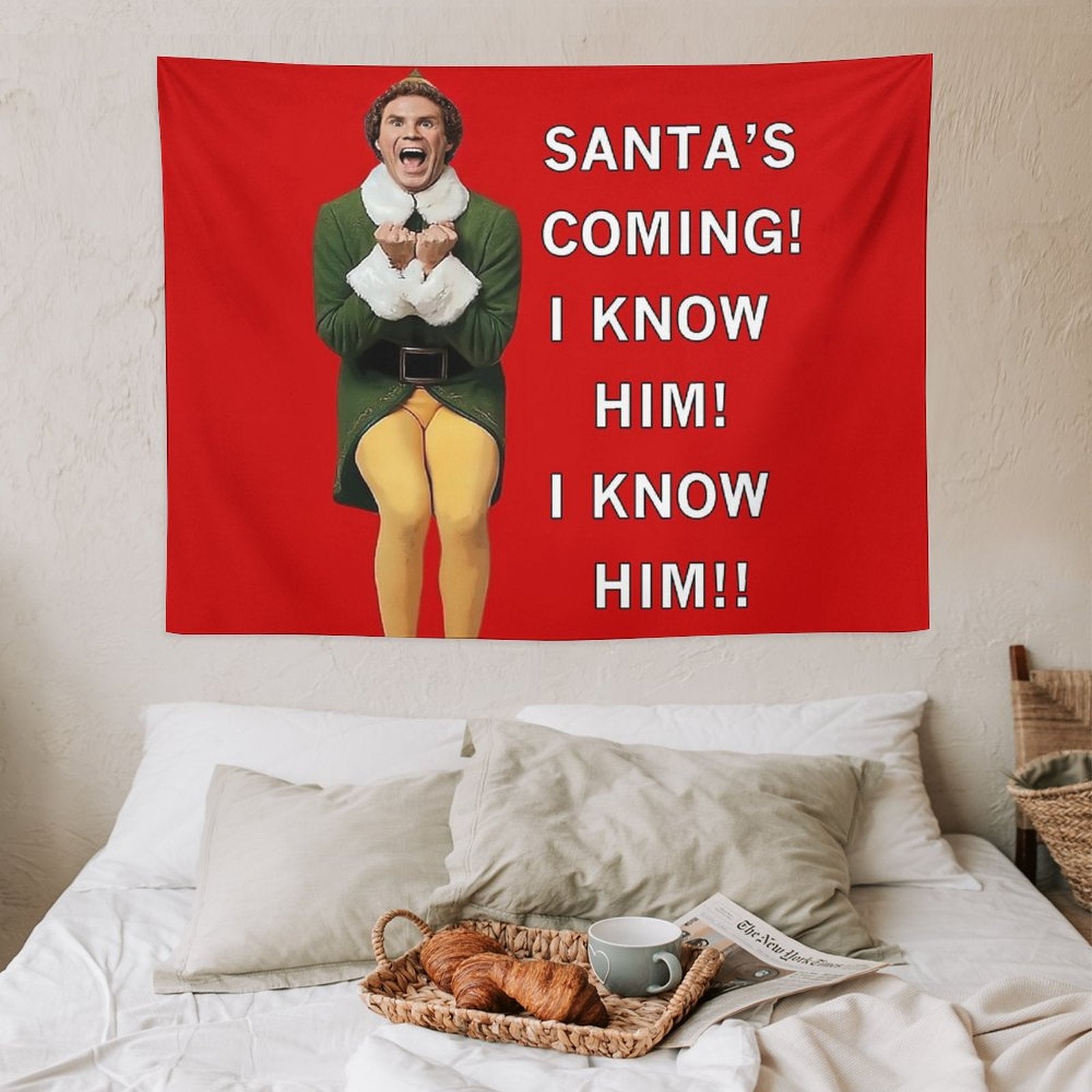 Santa's Coming! I Know Him! Tapestry featuring vibrant colors and festive design, perfect for holiday decor.