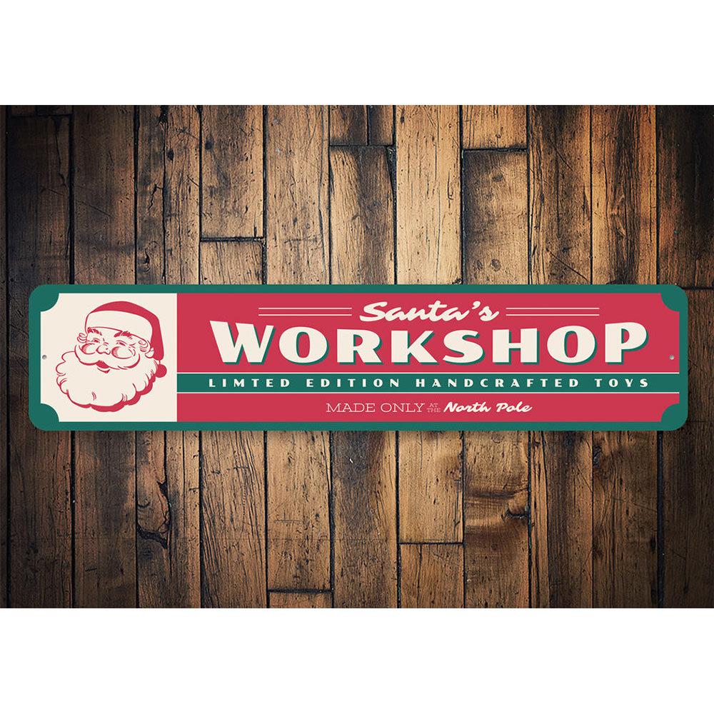 Santa's Workshop Handcrafted Toys Holiday Sign featuring festive design and customizable text, made from high-quality aluminum.