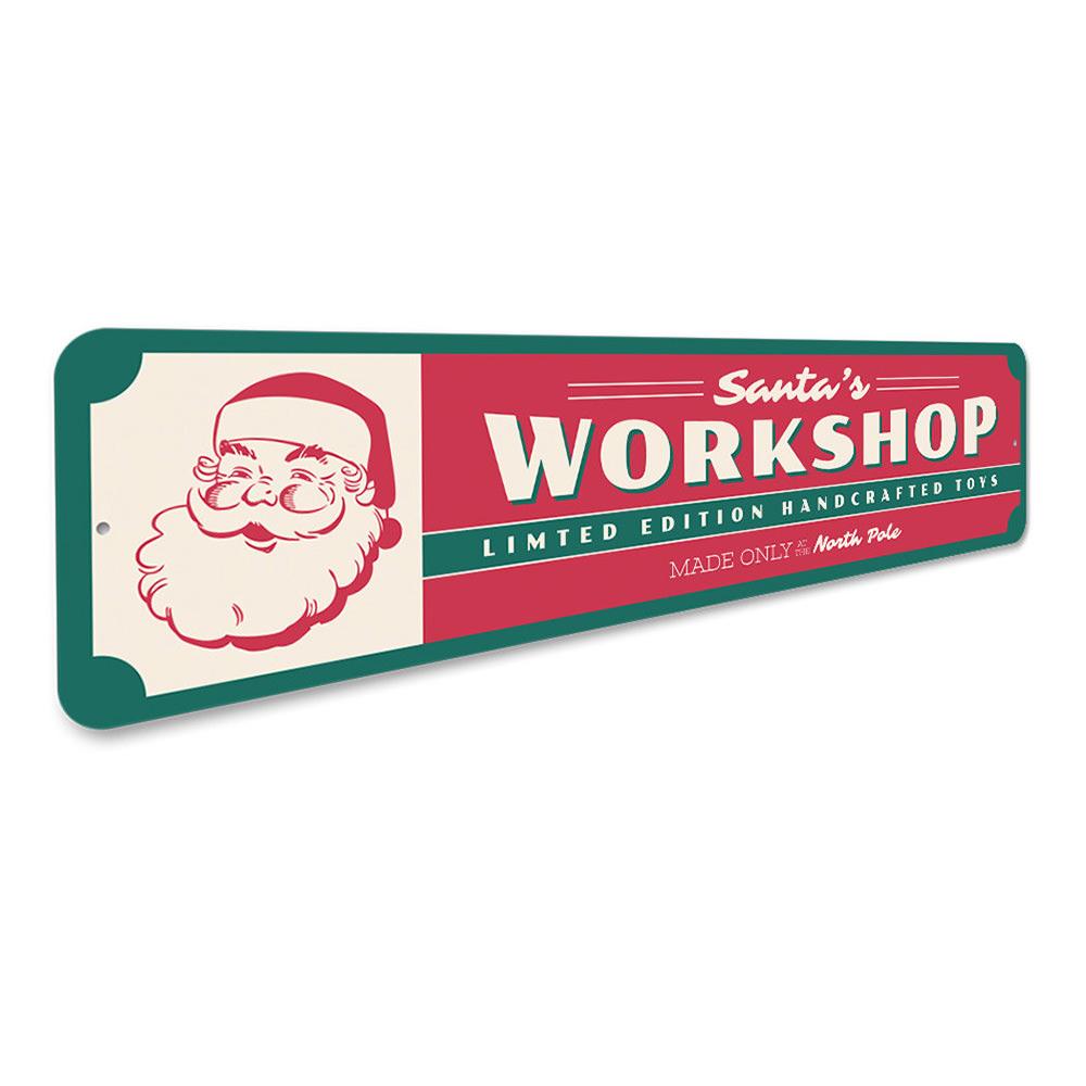 Santa's Workshop Handcrafted Toys Holiday Sign featuring festive design and customizable text, made from high-quality aluminum.