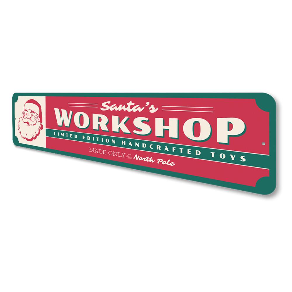 Santa's Workshop Handcrafted Toys Holiday Sign featuring festive design and customizable text, made from high-quality aluminum.