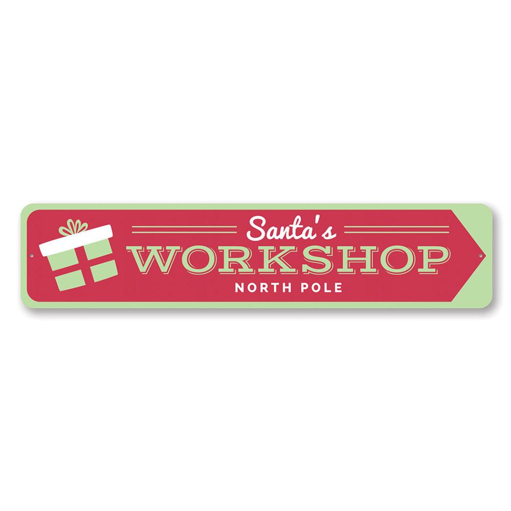 Santa's Workshop North Pole Sign made of durable aluminum, featuring festive colors and a charming design perfect for holiday decorations.