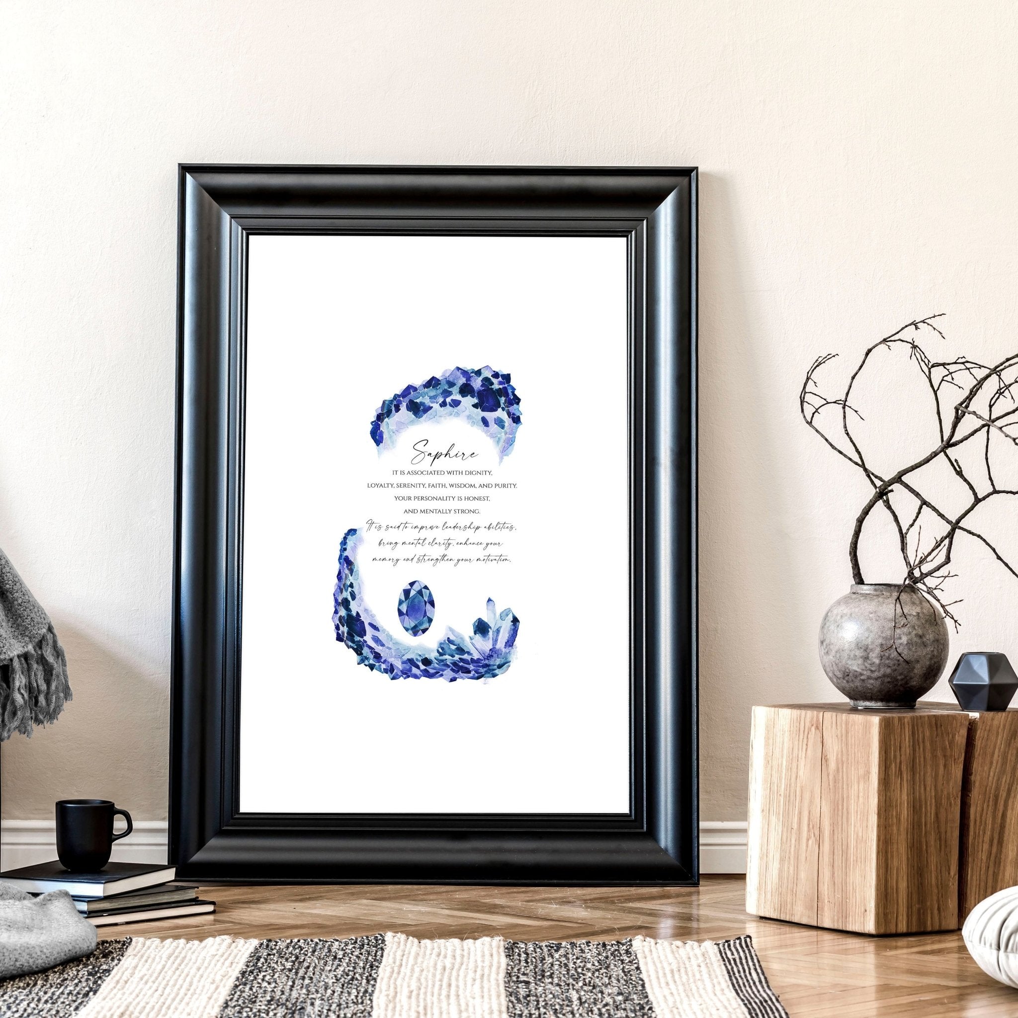 A vibrant Sapphire Birthstone wall art print showcasing deep blue hues and sparkling facets, perfect for home decor.