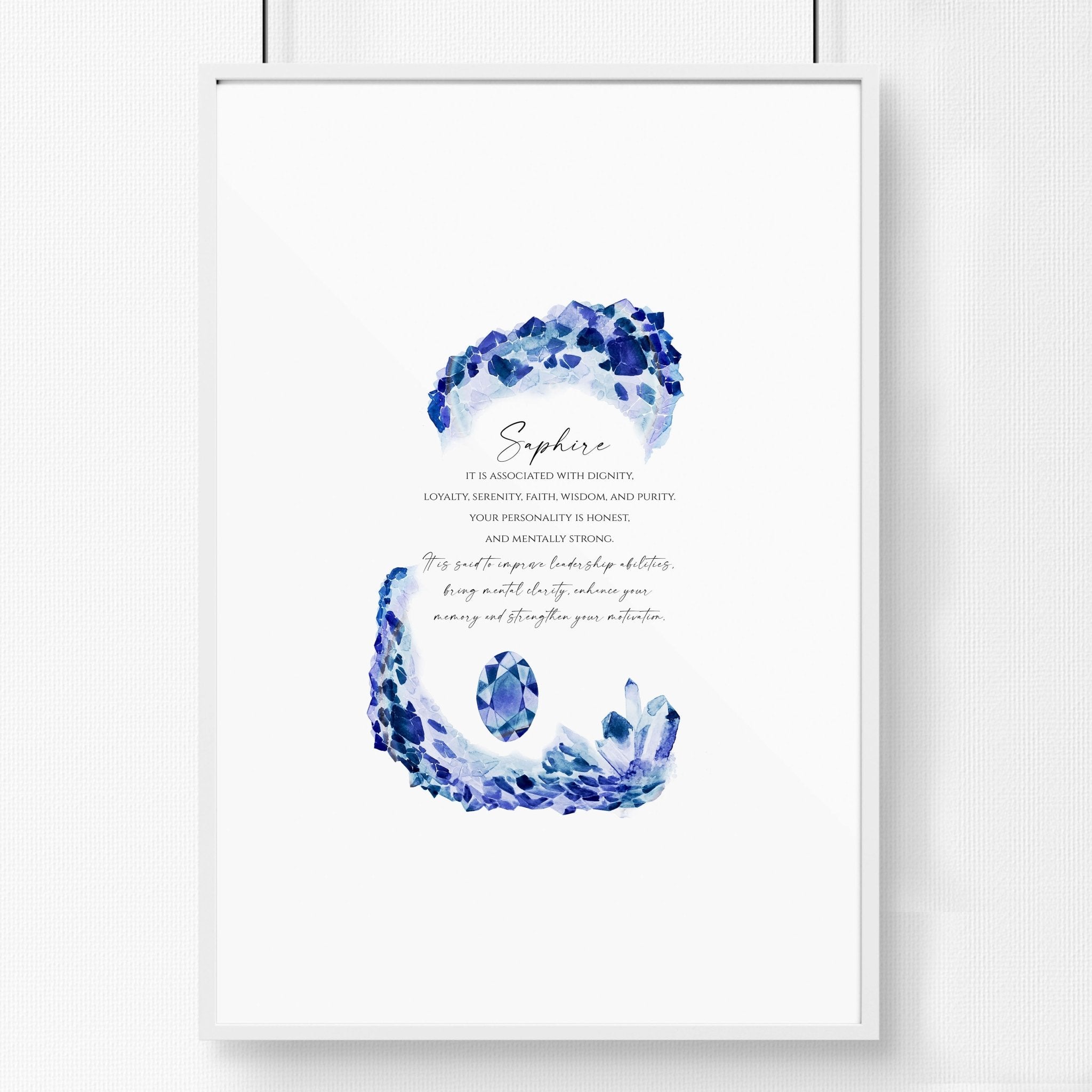 A vibrant Sapphire Birthstone wall art print showcasing deep blue hues and sparkling facets, perfect for home decor.