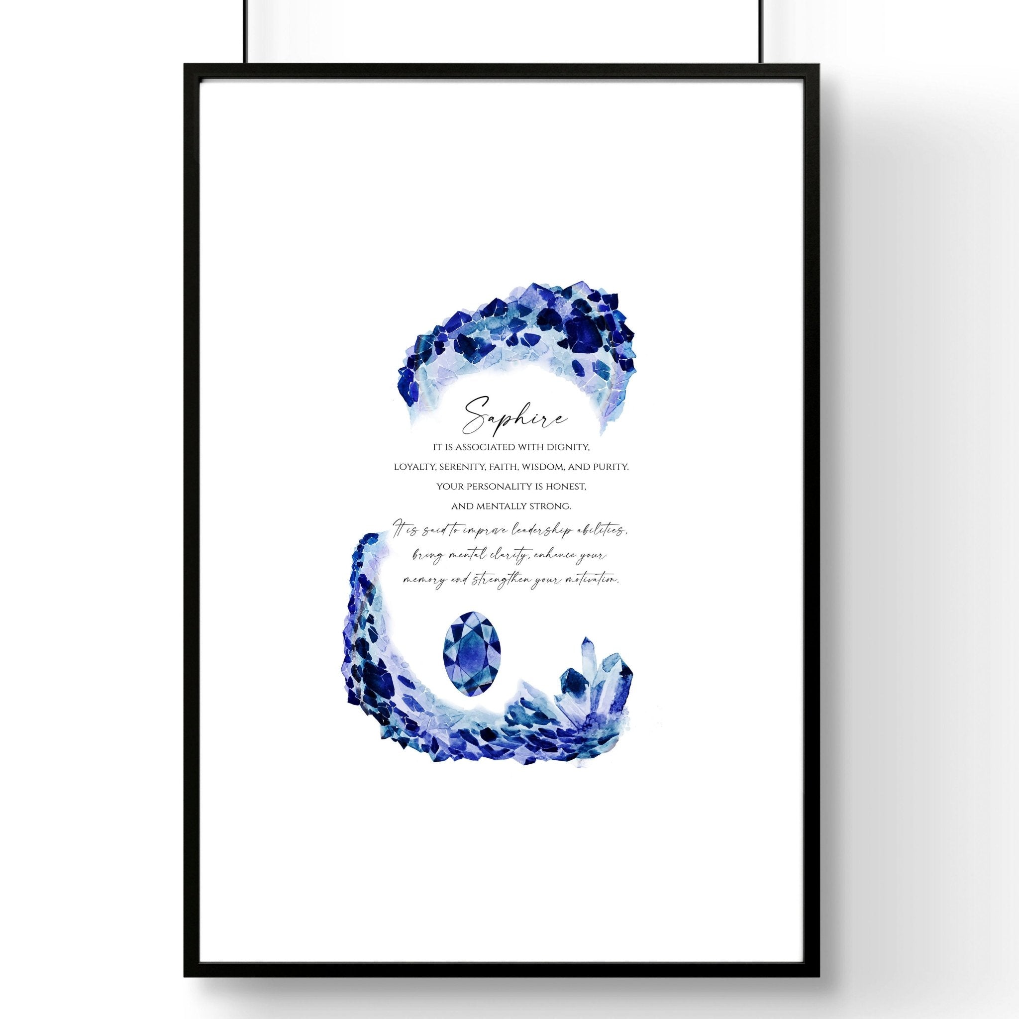 A vibrant Sapphire Birthstone wall art print showcasing deep blue hues and sparkling facets, perfect for home decor.