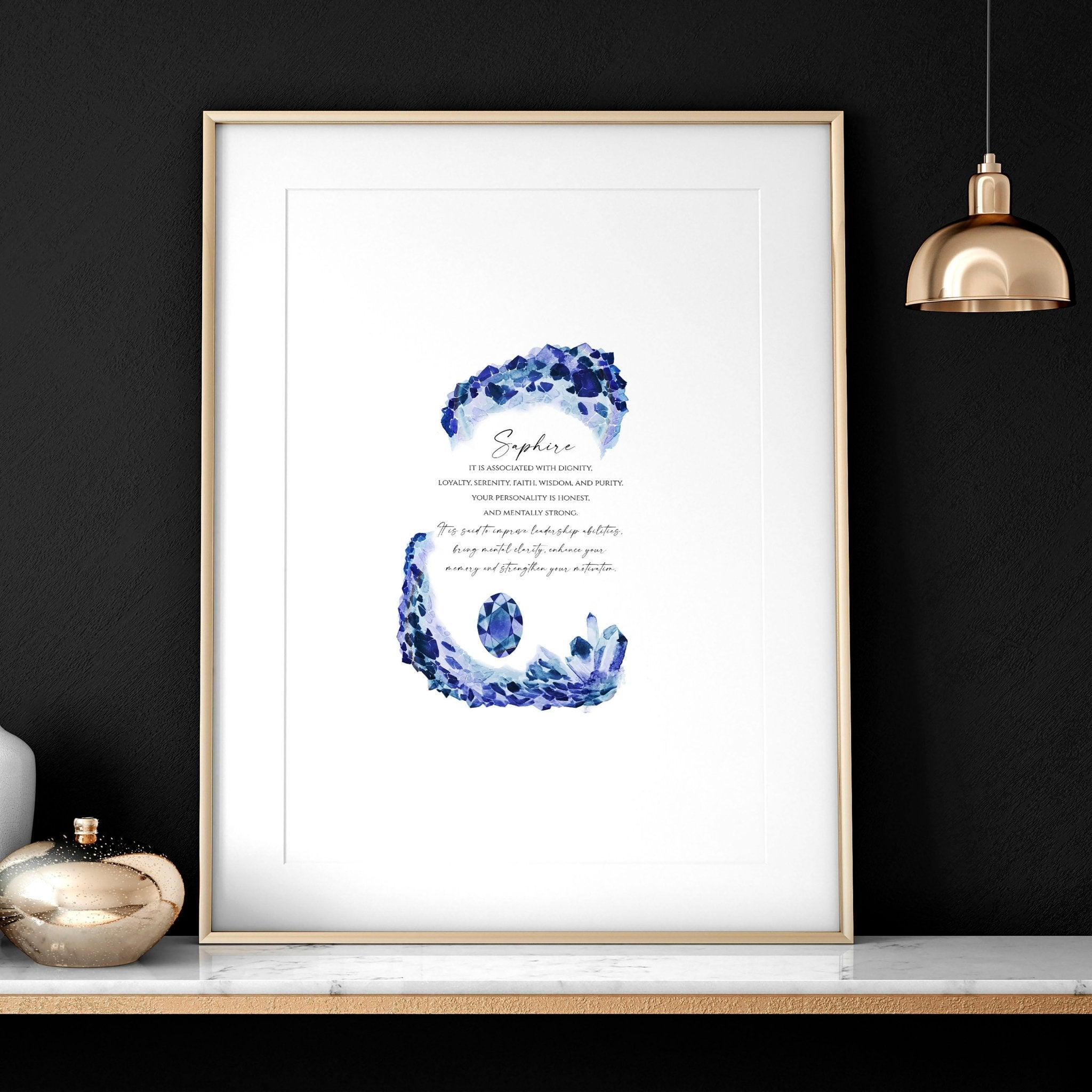 A vibrant Sapphire Birthstone wall art print showcasing deep blue hues and sparkling facets, perfect for home decor.