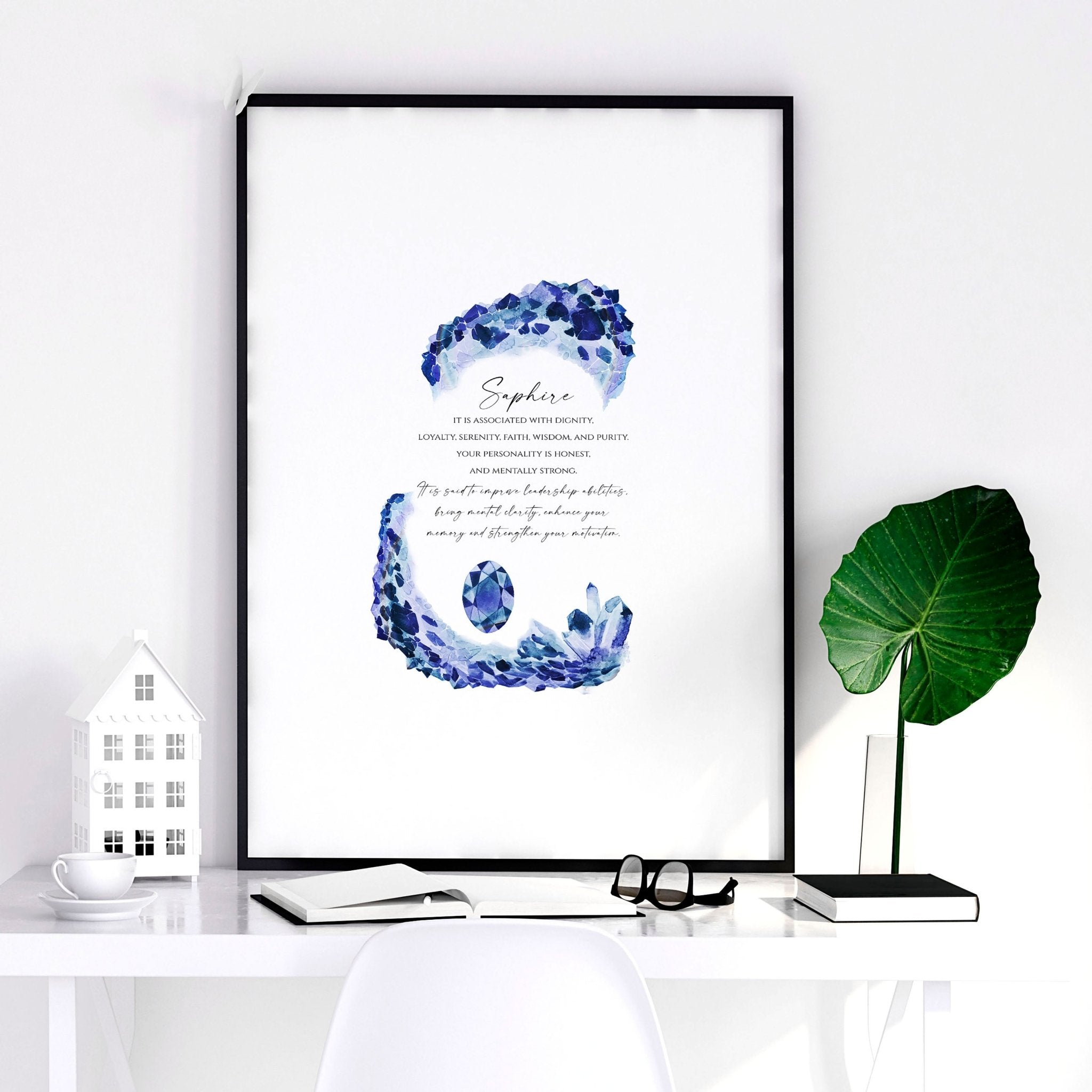 A vibrant Sapphire Birthstone wall art print showcasing deep blue hues and sparkling facets, perfect for home decor.