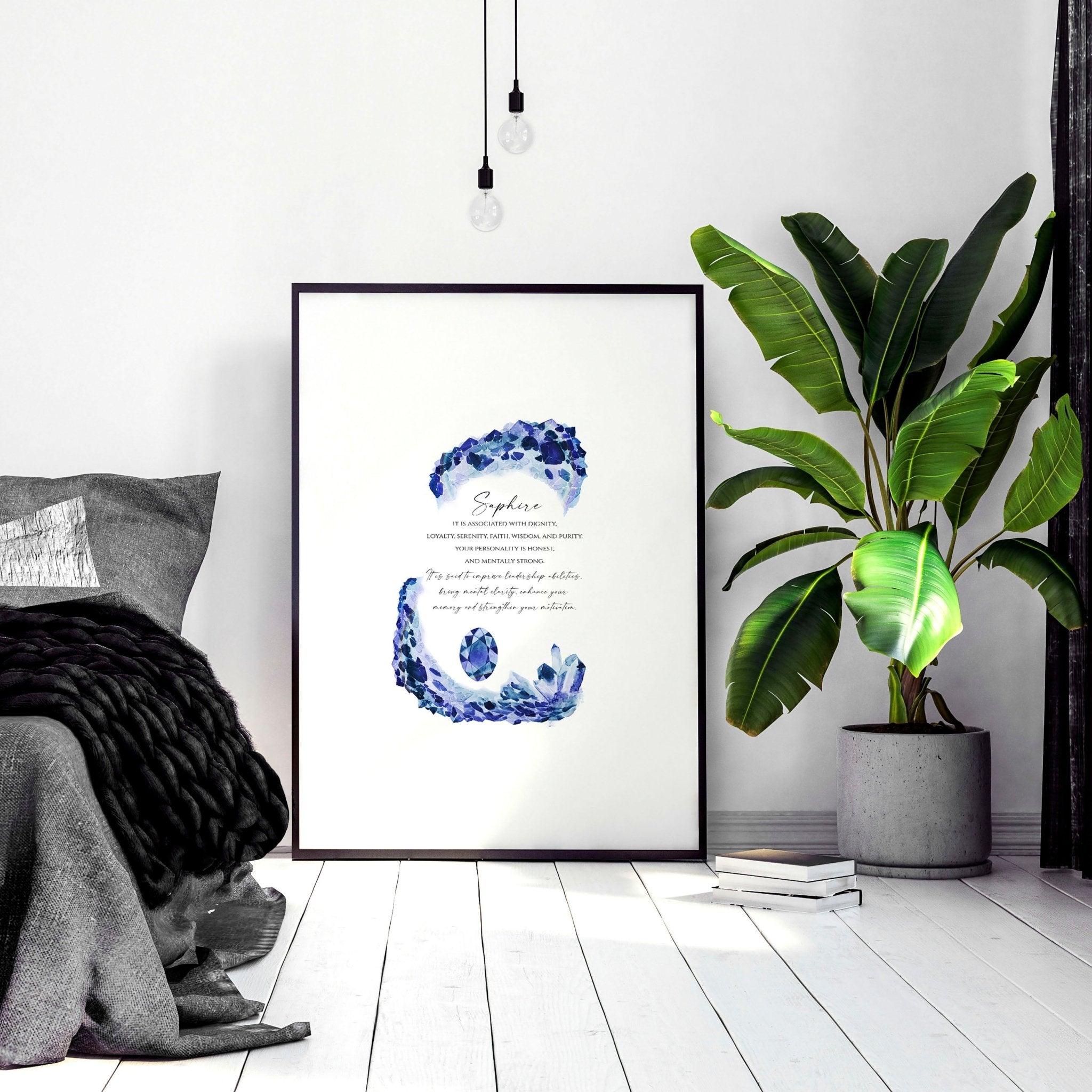 A vibrant Sapphire Birthstone wall art print showcasing deep blue hues and sparkling facets, perfect for home decor.