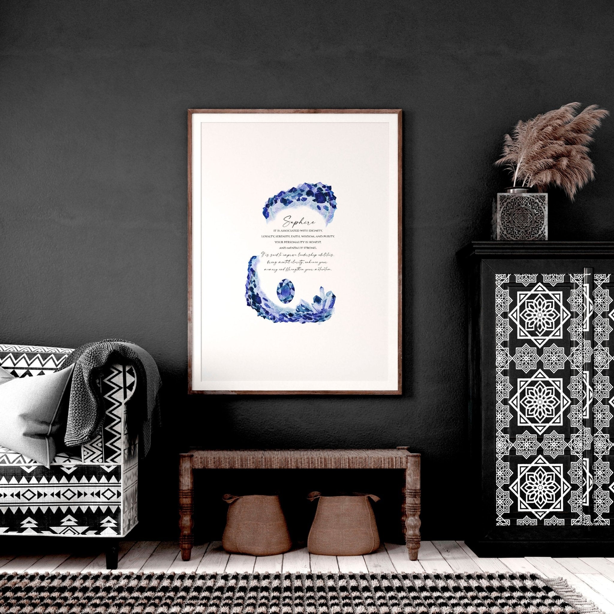 A vibrant Sapphire Birthstone wall art print showcasing deep blue hues and sparkling facets, perfect for home decor.