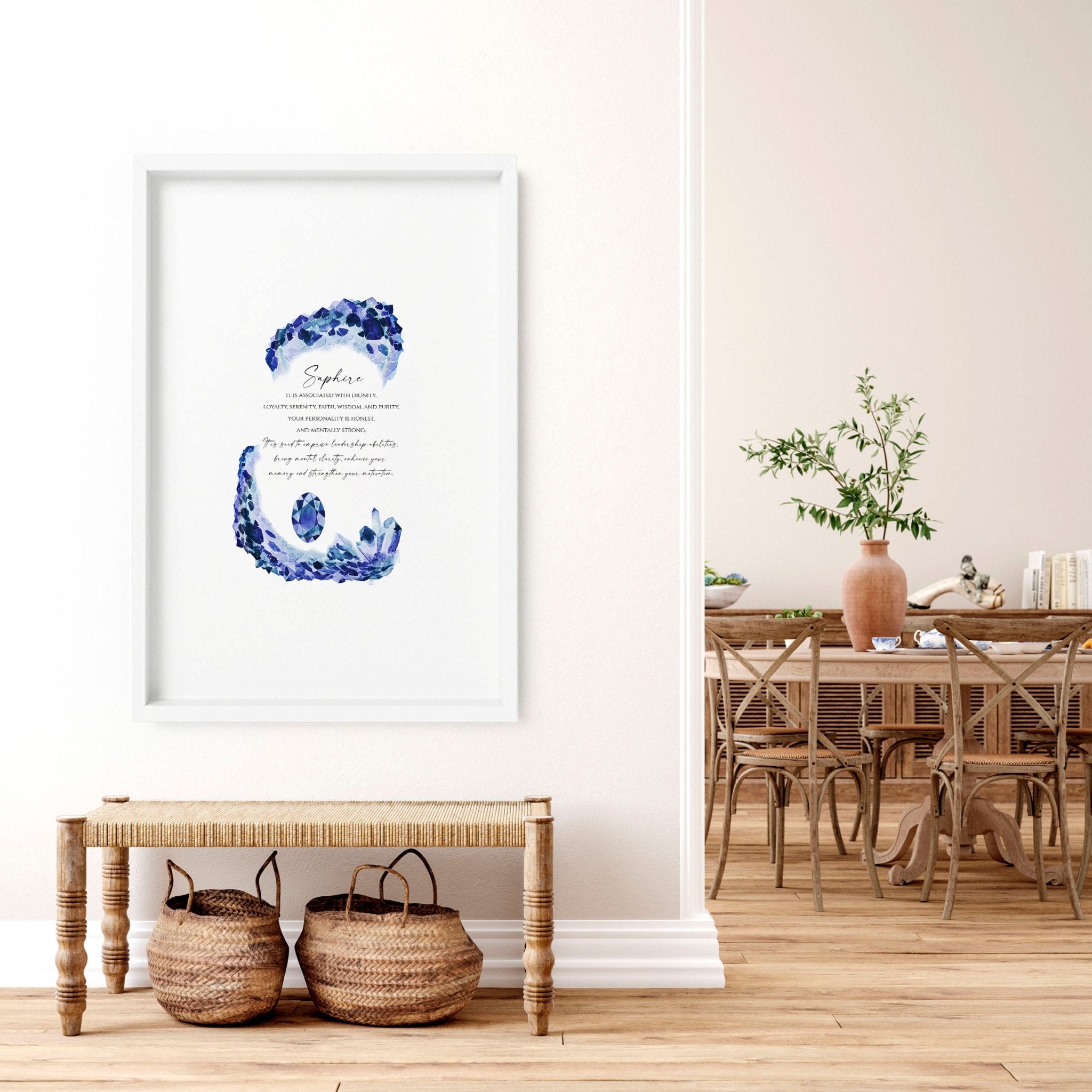 A vibrant Sapphire Birthstone wall art print showcasing deep blue hues and sparkling facets, perfect for home decor.