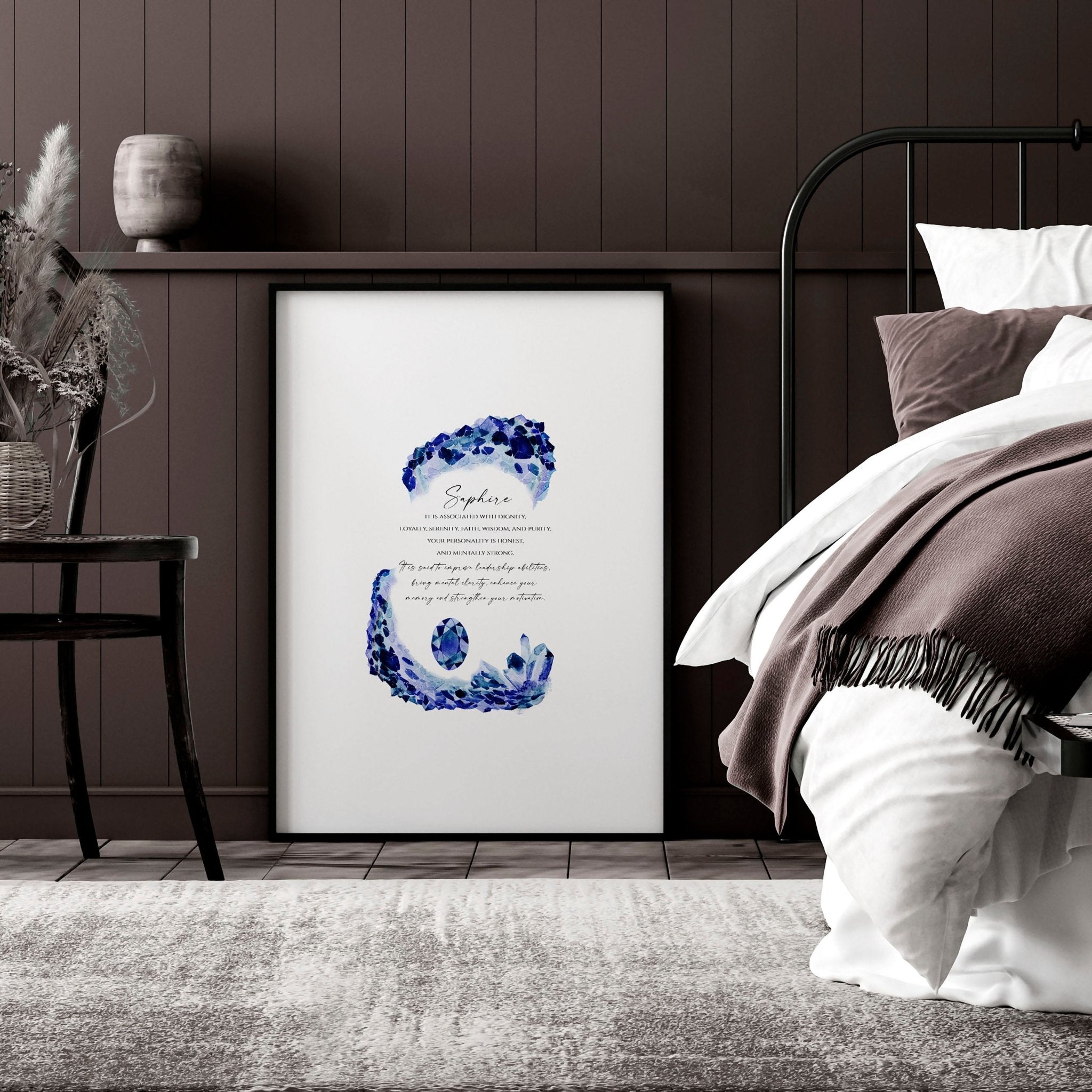 A vibrant Sapphire Birthstone wall art print showcasing deep blue hues and sparkling facets, perfect for home decor.