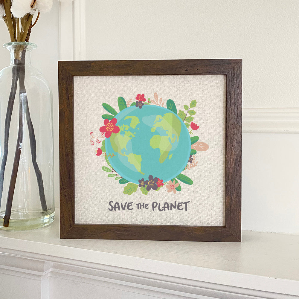 Save the Planet framed sign with a wood frame and eco-friendly printing on a linen-look background.