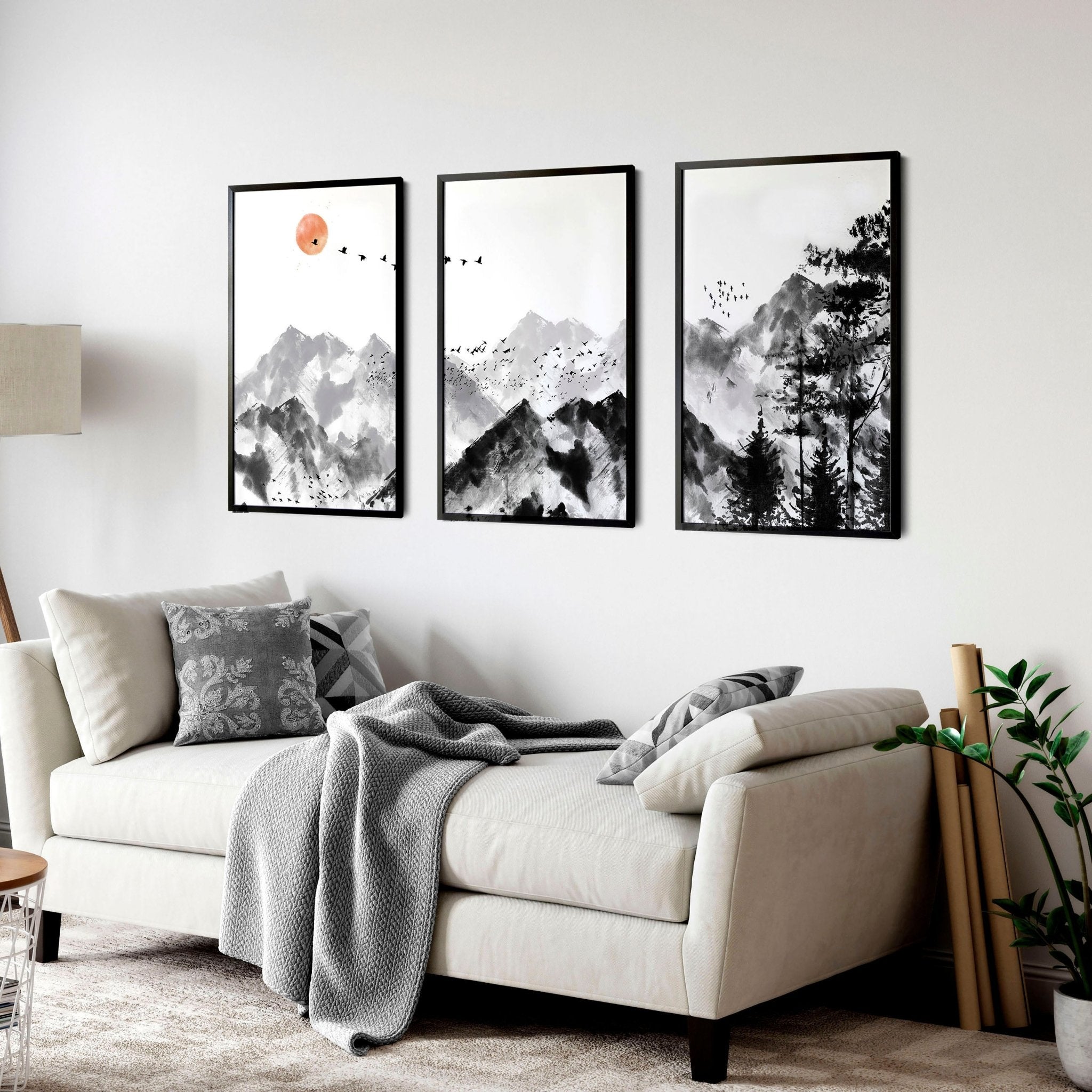 Set of 3 Scandi wall art prints featuring modern minimalist designs in grey, black, and white, elegantly framed.