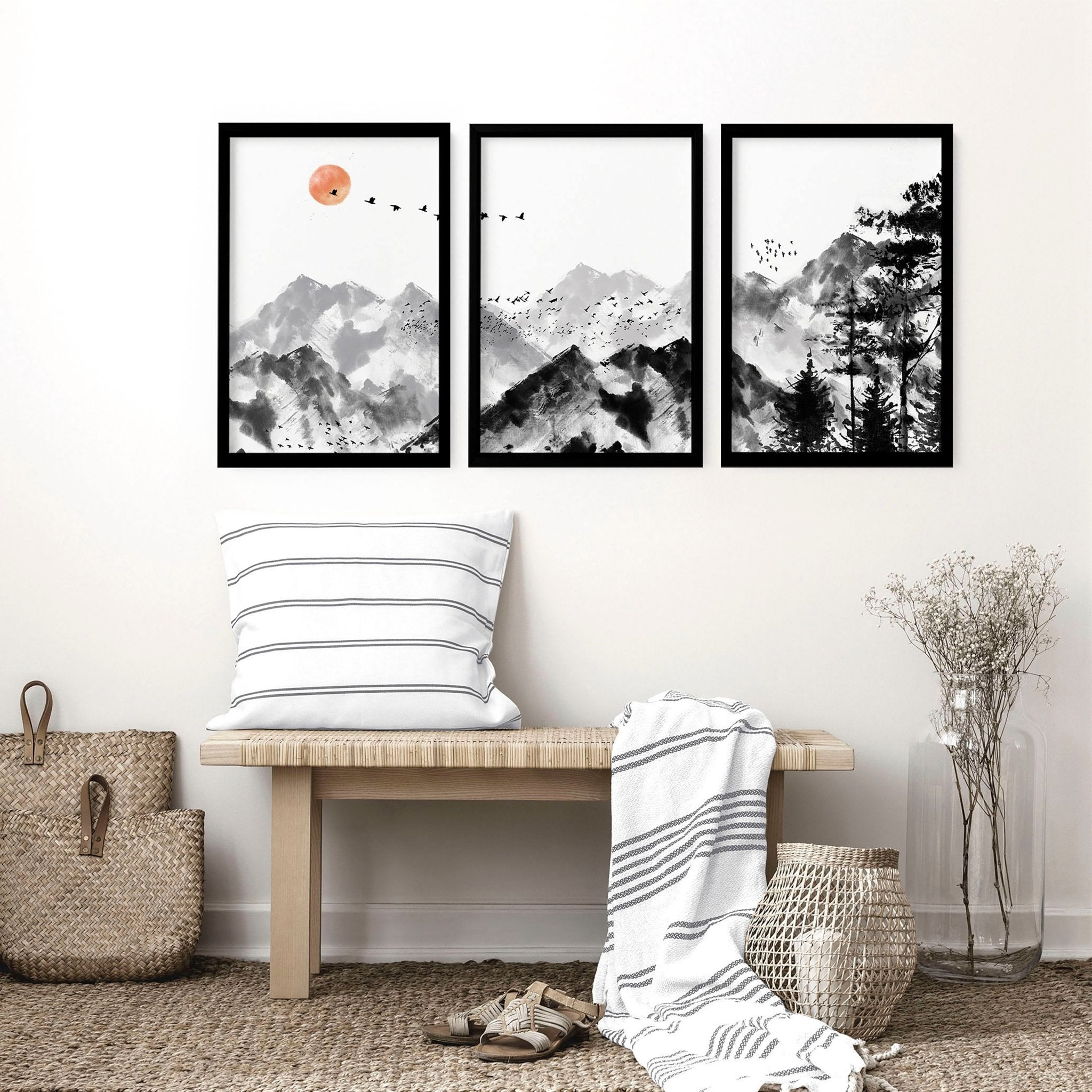 Set of 3 Scandi wall art prints featuring modern minimalist designs in grey, black, and white, elegantly framed.