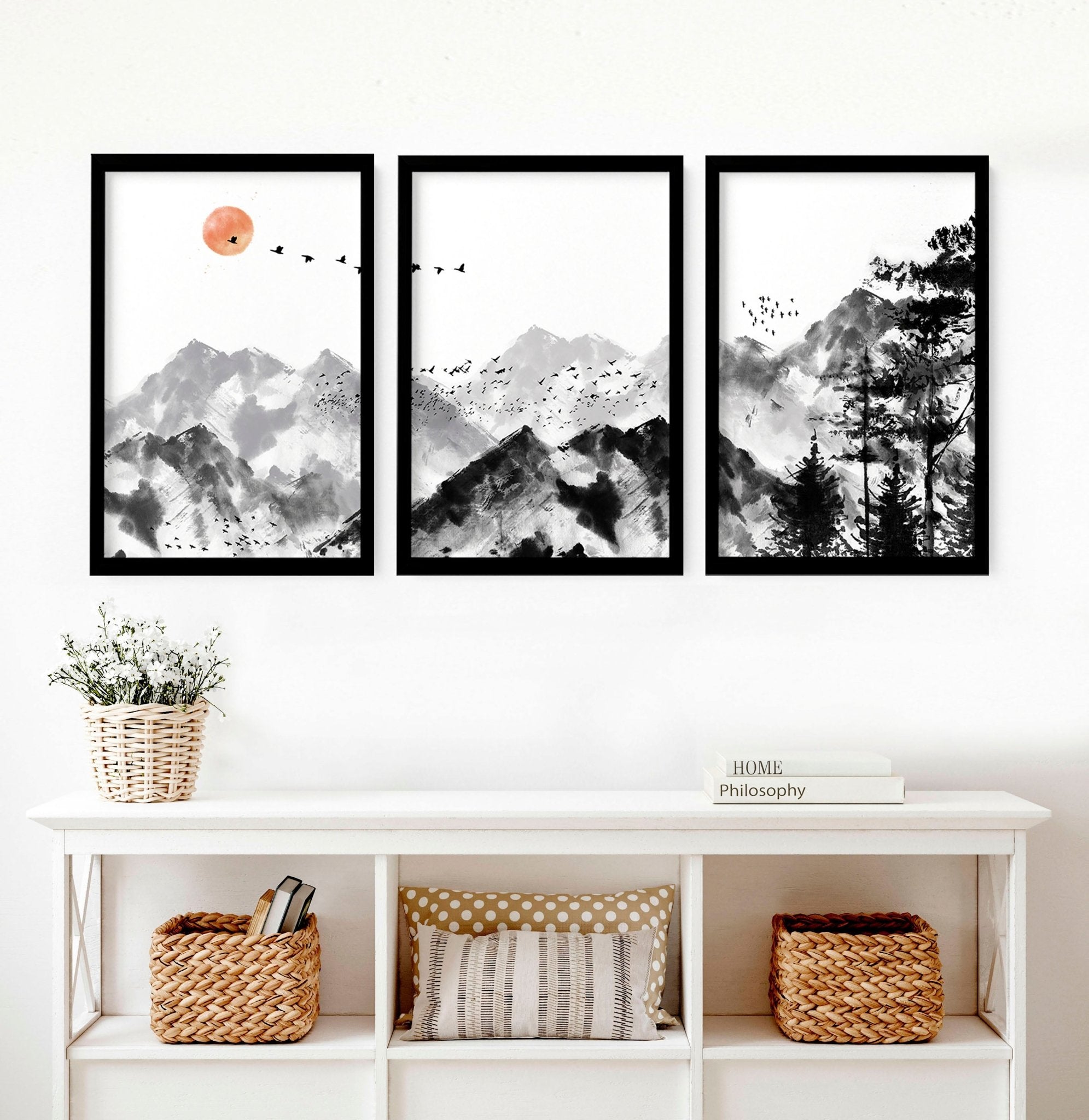 Set of 3 Scandi wall art prints featuring modern minimalist designs in grey, black, and white, elegantly framed.