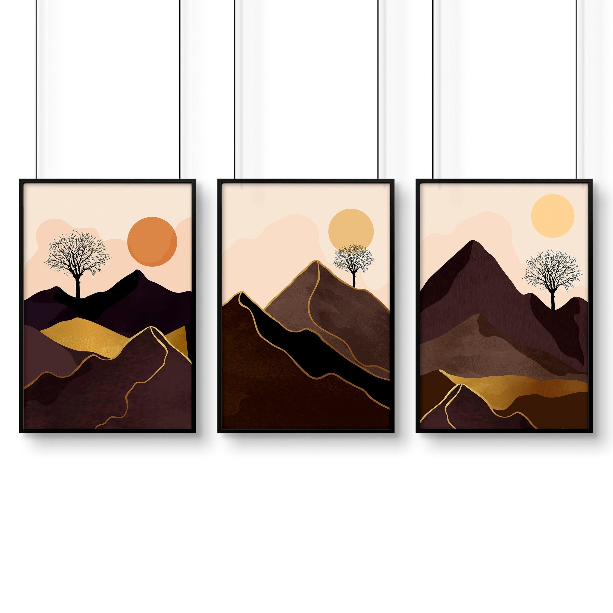 Set of 3 framed wall art prints featuring Scandinavian mountain landscapes in deep brown, blush, orange, and gold tones.
