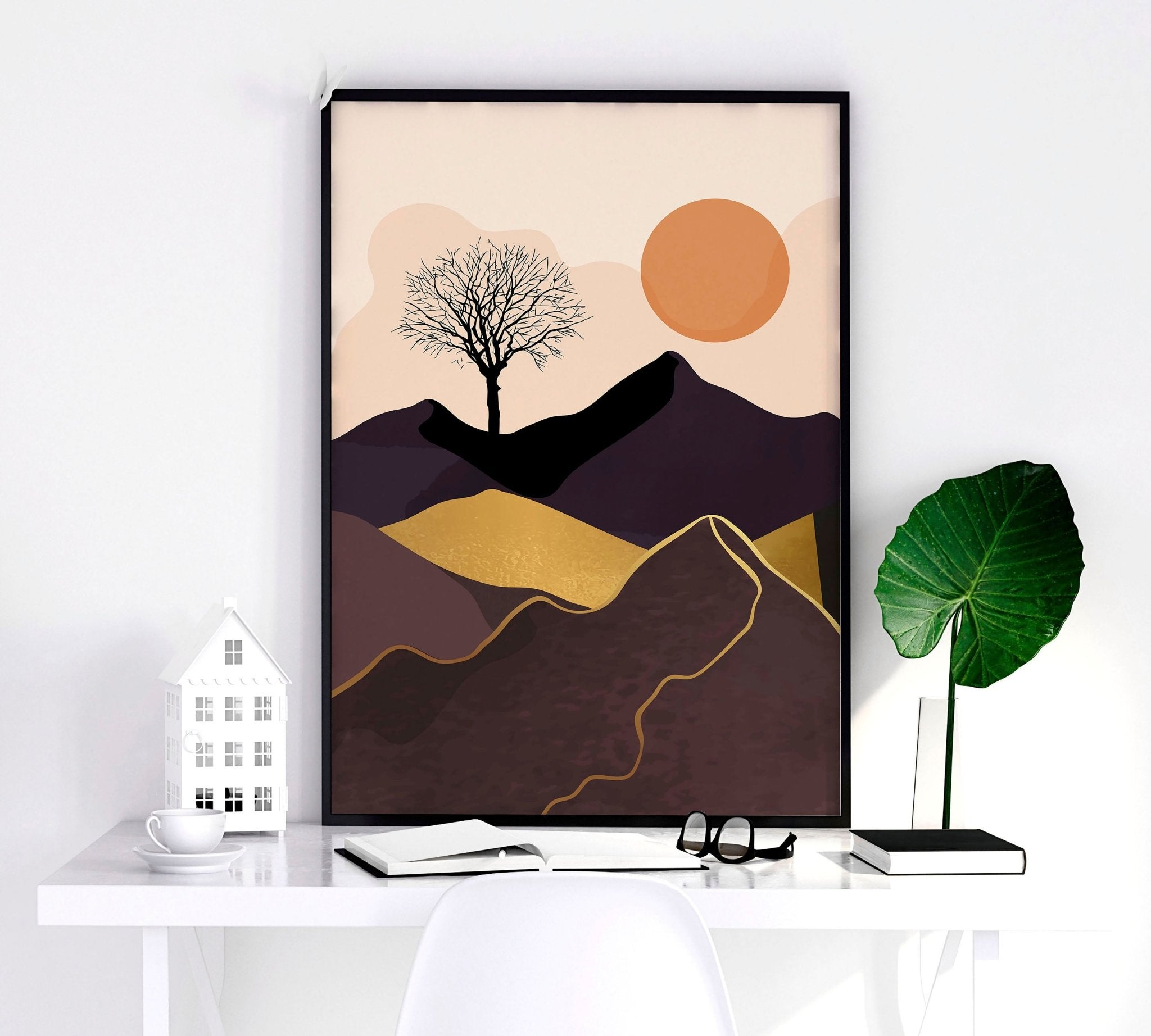 Set of 3 framed wall art prints featuring Scandinavian mountain landscapes in deep brown, blush, orange, and gold tones.