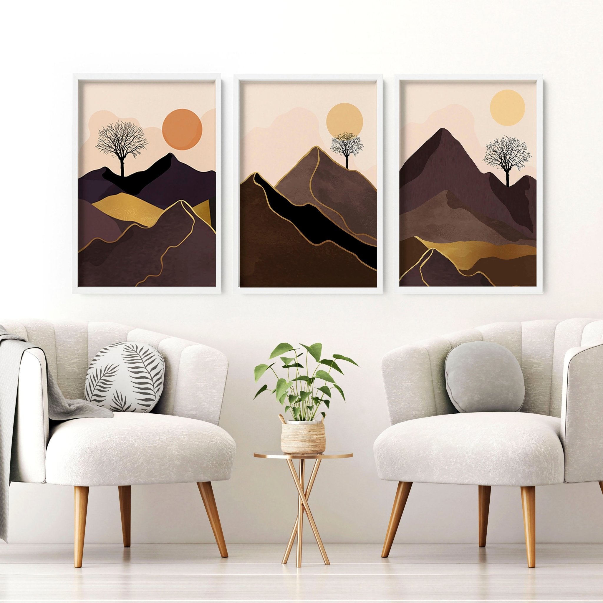 Set of 3 framed wall art prints featuring Scandinavian mountain landscapes in deep brown, blush, orange, and gold tones.
