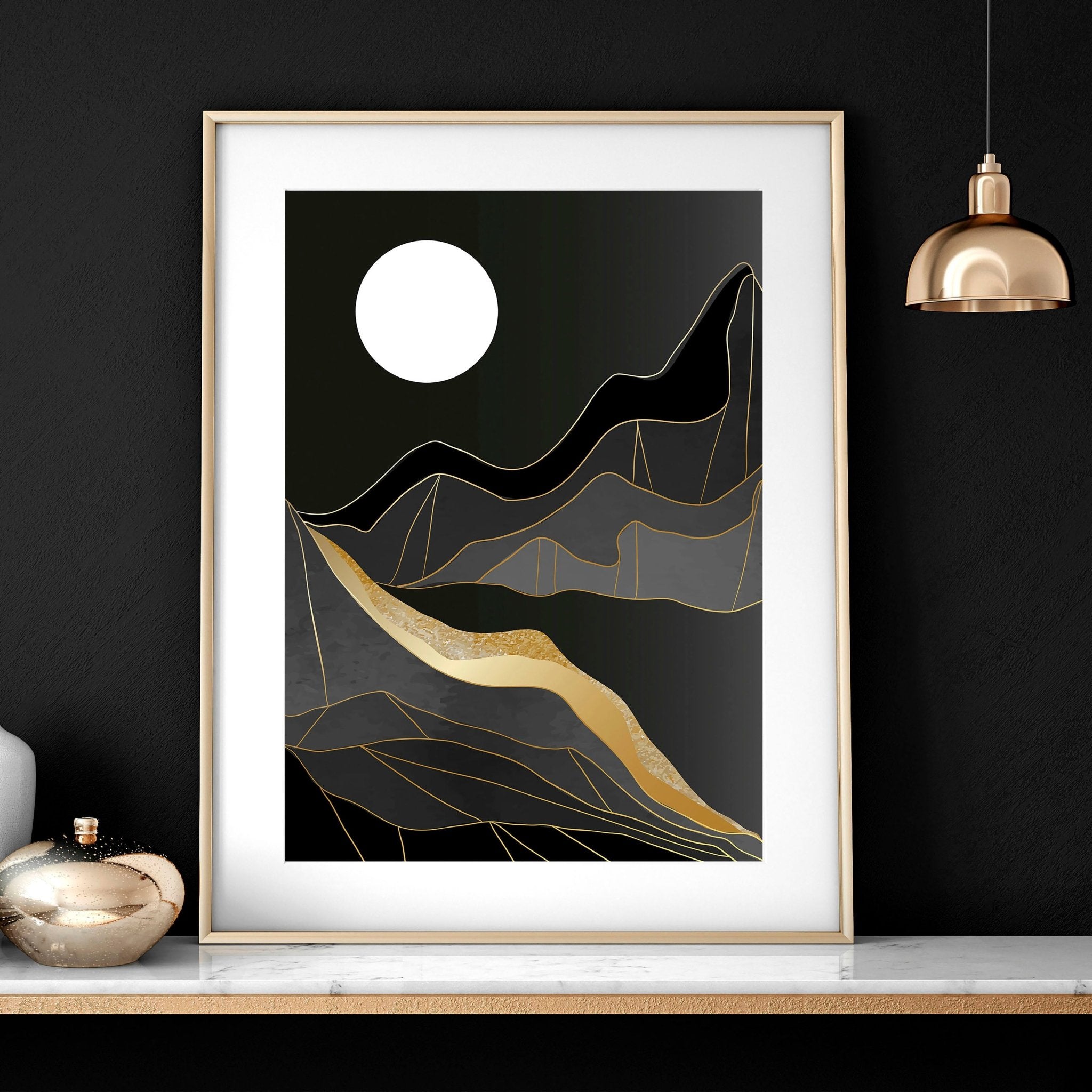 Set of 3 Scandinavian wall art prints featuring serene landscapes in black, grey, and gold, perfect for living room decor.