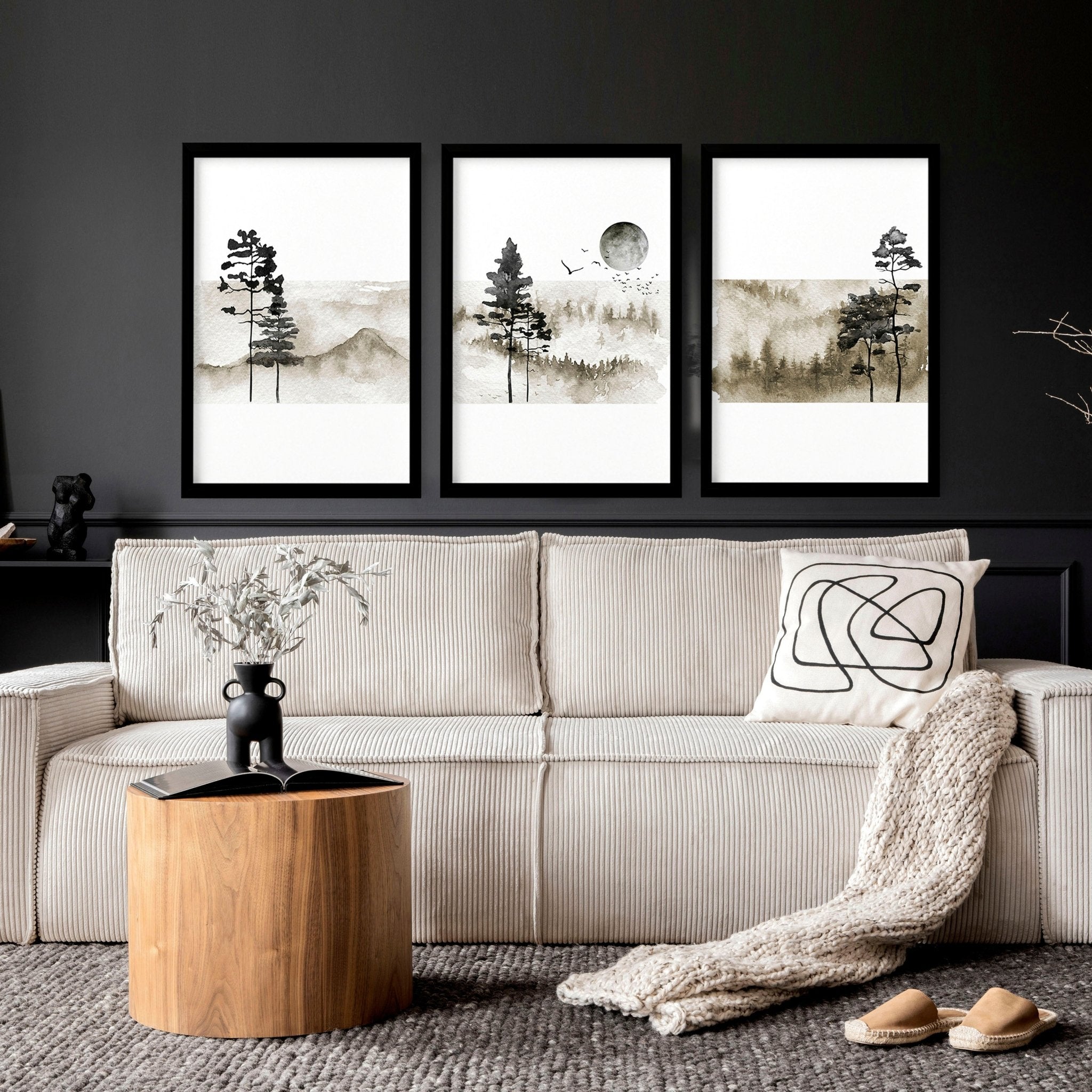 Set of 3 framed Scandinavian wall art prints featuring minimalist designs in black and white frames, perfect for modern home decor.