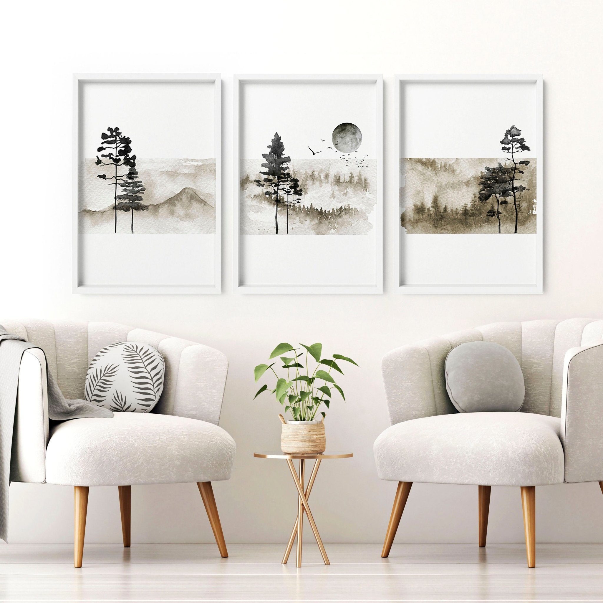 Set of 3 framed Scandinavian wall art prints featuring minimalist designs in black and white frames, perfect for modern home decor.