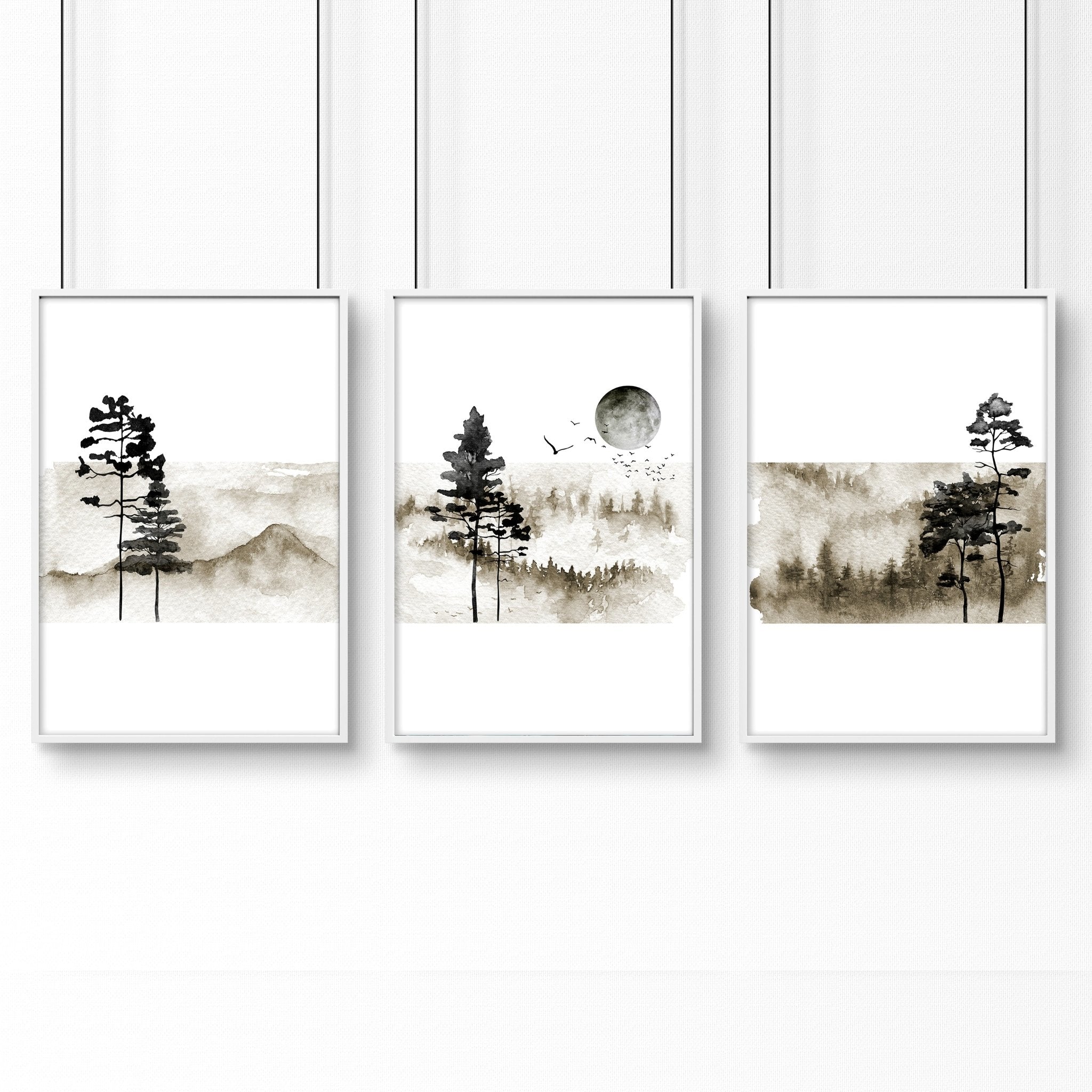 Set of 3 framed Scandinavian wall art prints featuring minimalist designs in black and white frames, perfect for modern home decor.