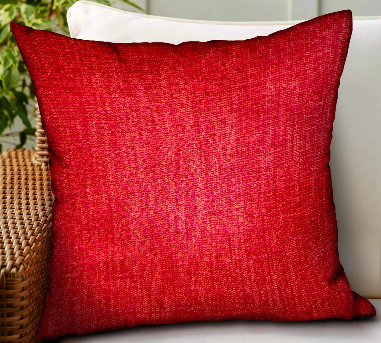 Scarlet Zest Red Solid Luxury Outdoor/Indoor Throw Pillow showcasing its vibrant red color and durable Sunbrella fabric, perfect for stylish decor.