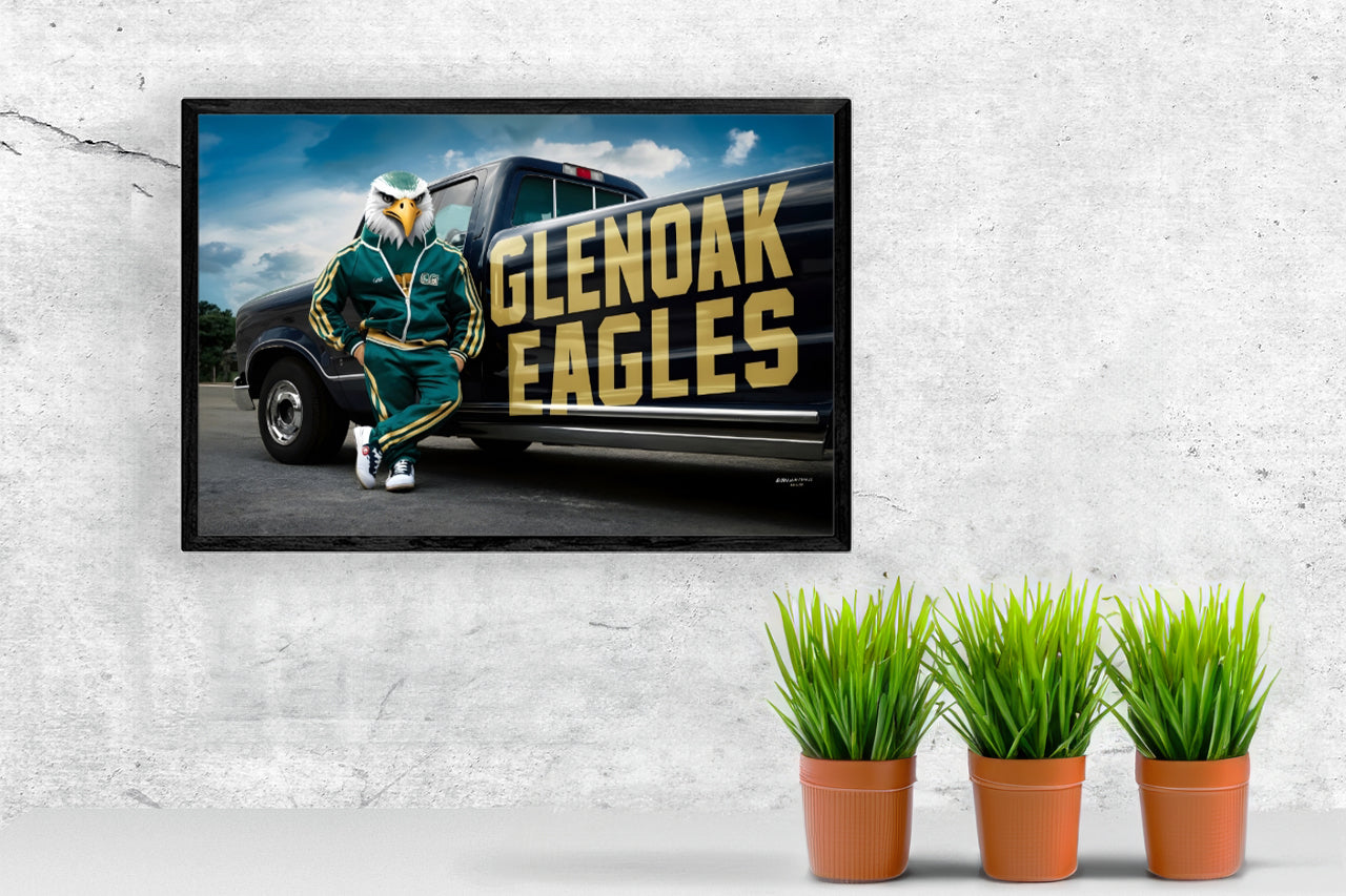 Schools Glen Oak Eagles G-Eagle 1 Poster Print framed in solid MDF wood, showcasing vibrant colors and a matte finish.