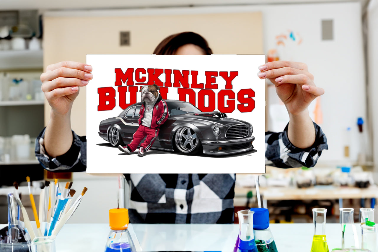 Schools McKinley Bulldogs G-Dog Poster Print framed in solid MDF wood, showcasing vibrant graphics and a matte finish.