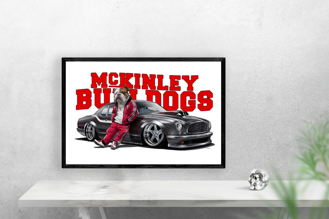 Schools McKinley Bulldogs G-Dog Poster Print framed in solid MDF wood, showcasing vibrant graphics and a matte finish.