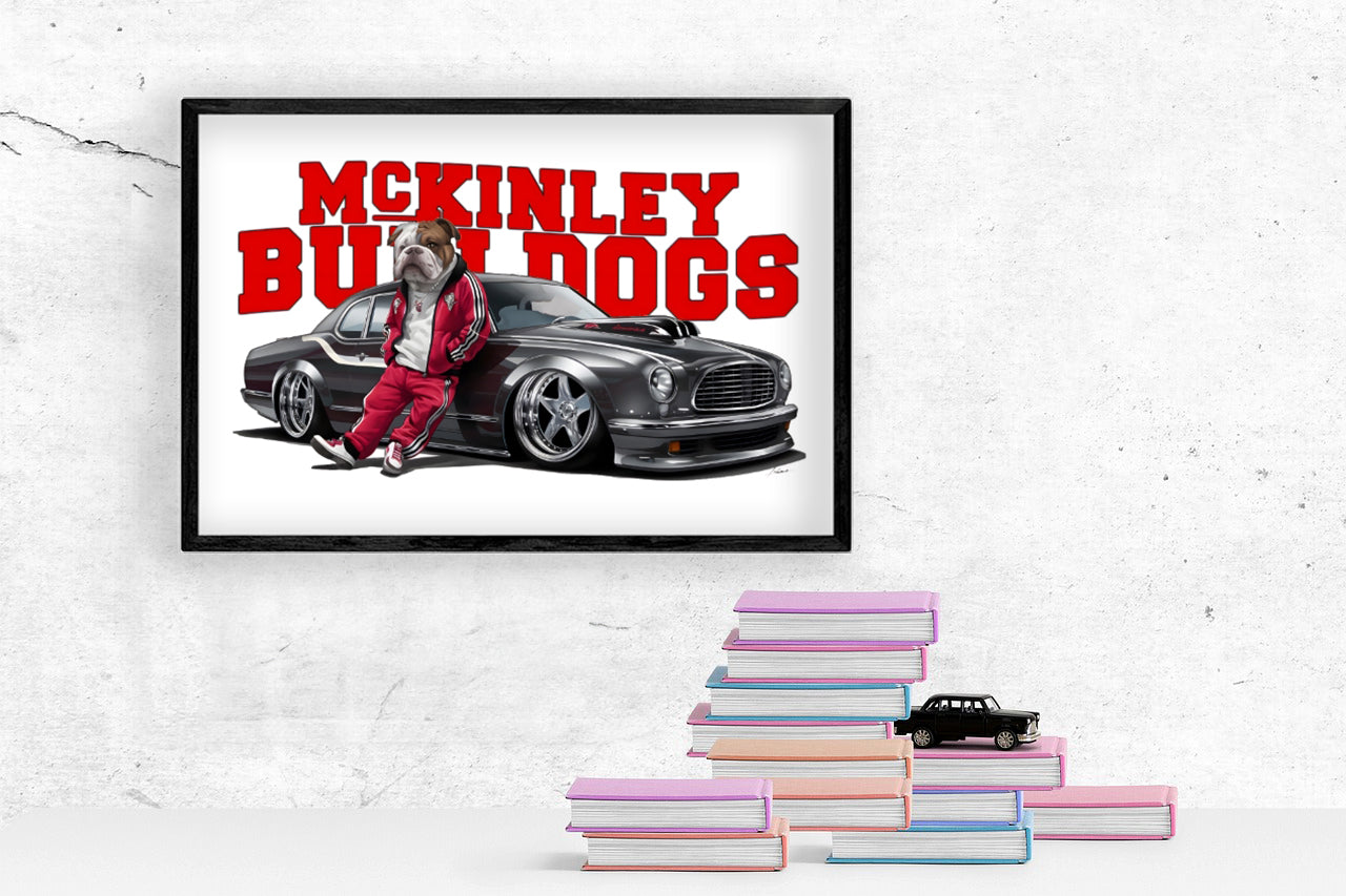 Schools McKinley Bulldogs G-Dog Poster Print framed in solid MDF wood, showcasing vibrant graphics and a matte finish.