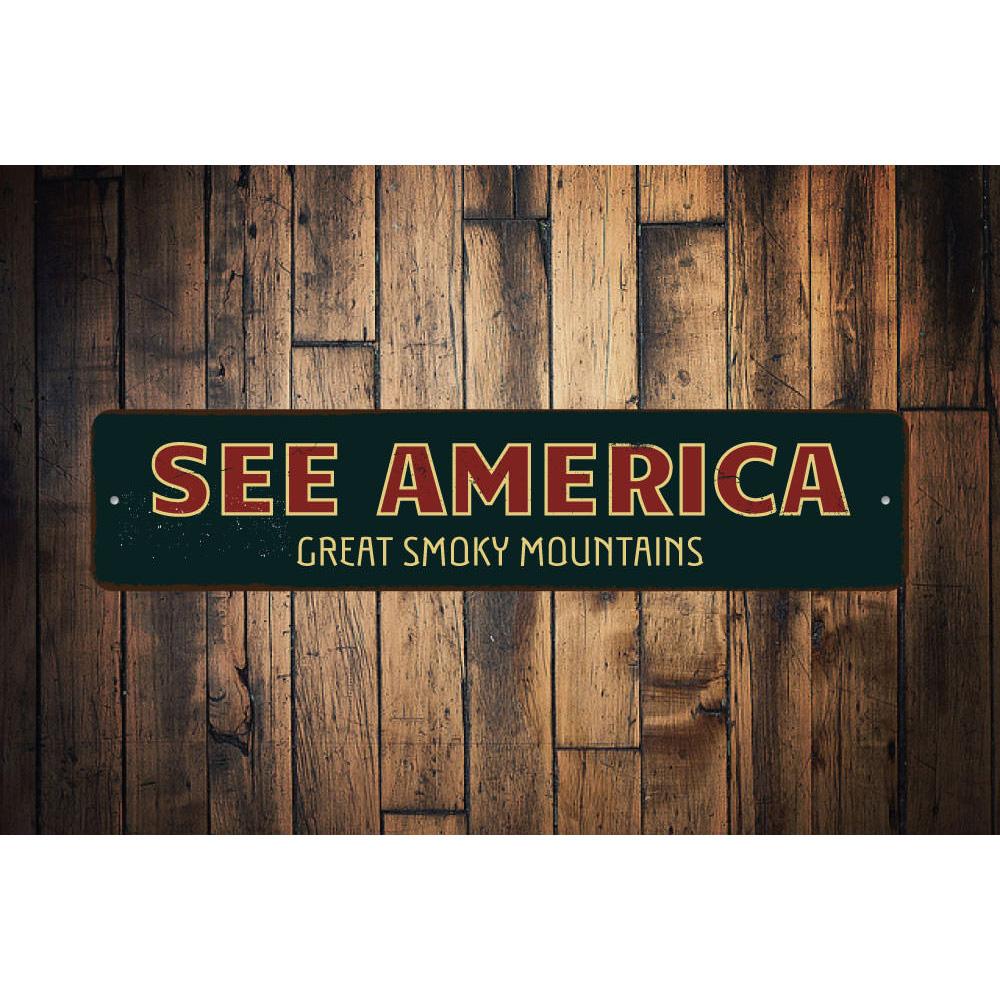 A customizable See America Sign made of high-quality aluminum, featuring vibrant colors and a unique design, perfect for home decor.