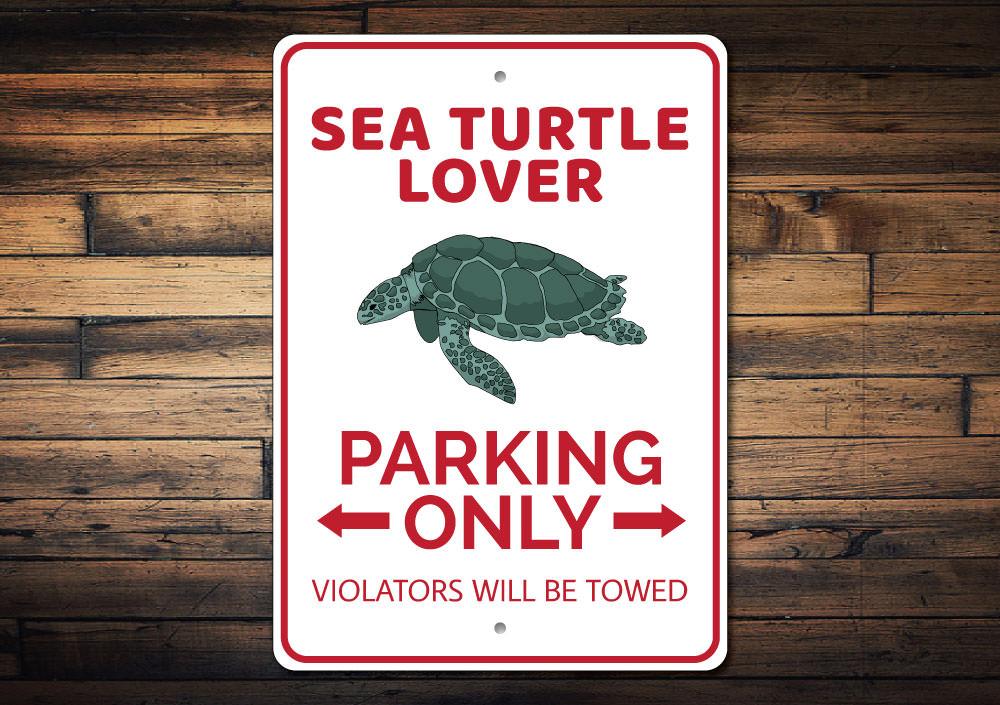 A decorative Sea Turtle Lover Parking Sign made of high-quality aluminum, featuring a vibrant sea turtle design, perfect for beach-themed decor.